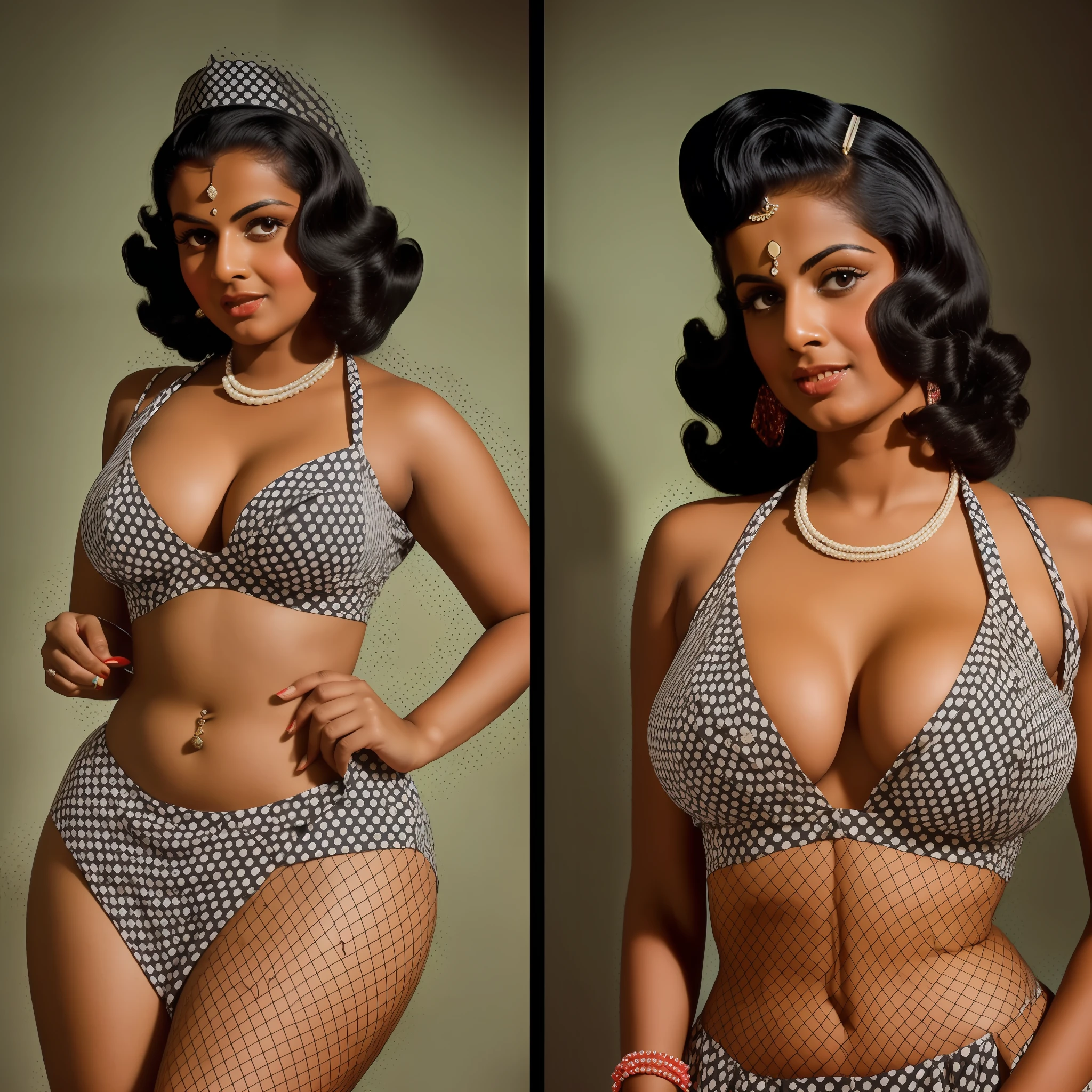 (Split screen:1.2),((1950s style:1.3)) magazine photoshoot, Indian Kerala dark skin woman wearing different costumes, (busty, curvy:1.2), 1950s photo quality,shot on Kodak Ultra F9 35mm Film camera,(photorealistic:1.3), visible navel