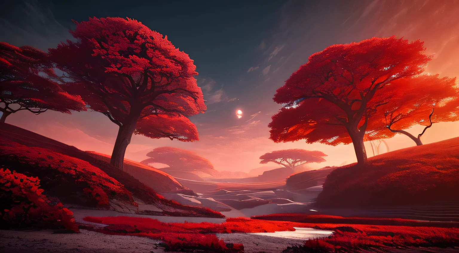 Em um lugar nublado e sombrio, o sol mal consegue romper as densas nuvens carregadas. In this mysterious setting, destaca-se uma figura intrigante: um homem jovem de cabelos brancos que permanece de costas para o observador. Seu cabelo alvo, apesar de sua juventude aparente, reveals an unsettling mystery. The surrounding environment is filled with a mixture of crimson colors, that seem to flow and merge into hypnotic patterns, giving a dark and almost otherworldly tone to the scene --auto