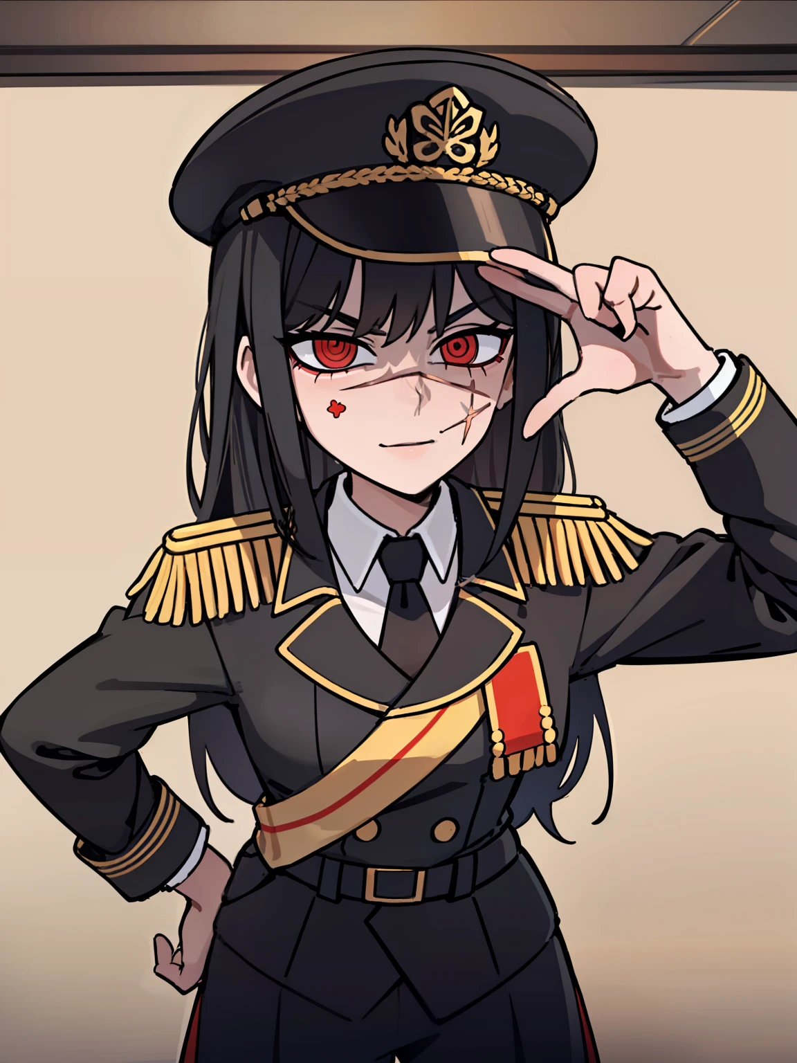 (masterpiece, best quality: 1.2), Solo, 1girl, Yoru \(Chainsaw Man\), looking at the viewer, different poses, red eye, long hair, completely black hair, reference to clothing of a German WWII general, black long sleeves (best quality), scar on face, beautiful eyes, has only 2 arms, has war medals on his clothes, Black Military Cap, Golden Eagle Medal on Clothing, (Wallpaper), (8K HD), (8K HD), Golden Shoulder Pads, Sprites, 1 Single Design (obra maestra, mejor calidad: 1.2), Solo, 1girl, Yoru \(Chainsaw Man\), mirando al espectador, sonrisa, feliz, diferentes poses, cuerpocompleto, cuerpo dentro de la vision de la foto, ojos rojos, cabello largo, cabello completamente negro, reference to clothing of a German general from World War II, mangas largas negras (mejor calidad), cicatriz en la cara, hermosos ojos, tiene solo 2 brazos, tiene medallas de guerra en su ropa, Gorra militar negra, Golden Eagle Medal in Dress, (fondo de pantalla), (8K HD), (8K HD), hombreras doradas, sprites, 1 single design