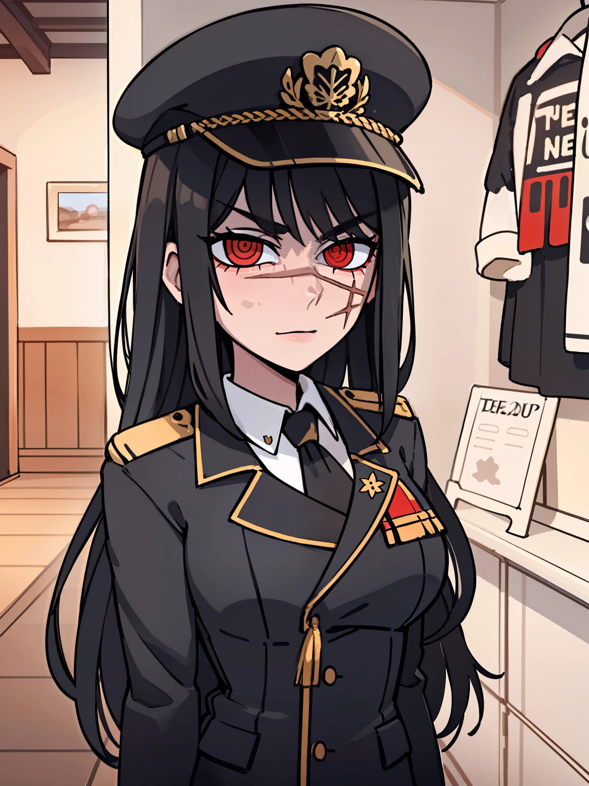 (masterpiece, best quality: 1.2), Solo, 1girl, Yoru \(Chainsaw Man\), looking at the viewer, different poses, red eye, long hair, completely black hair, reference to clothing of a German WWII general, black long sleeves (best quality), scar on face, beautiful eyes, has only 2 arms, has war medals on his clothes,  Black Military Cap, Golden Eagle Medal on Clothing, (Wallpaper), (8K HD), (8K HD), Golden Shoulder Pads, Sprites, 1 Single Design (obra maestra, mejor calidad: 1.2), Solo, 1girl, Yoru \(Chainsaw Man\), mirando al espectador, sonrisa, feliz, diferentes poses, cuerpocompleto, cuerpo dentro de la vision de la foto, ojos rojos, cabello largo, cabello completamente negro, reference to clothing of a German general from World War II, mangas largas negras (mejor calidad), cicatriz en la cara, hermosos ojos, tiene solo 2 brazos, tiene medallas de guerra en su ropa, Gorra militar negra, Golden Eagle Medal in Dress, (fondo de pantalla), (8K HD), (8K HD), hombreras doradas, sprites, 1 single design