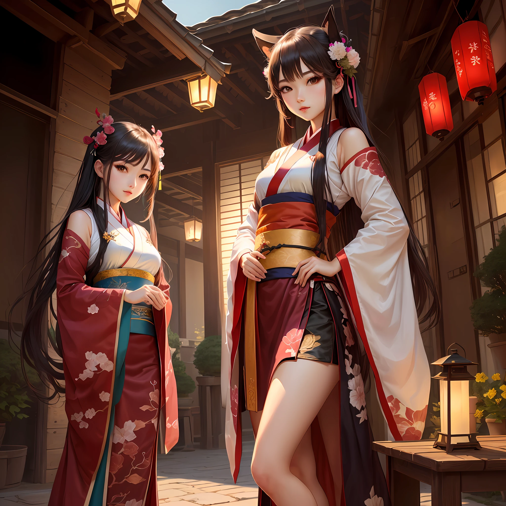 2D Girl，full bodyesbian，Hanfu，Lanterns，folding fan，short  skirt，