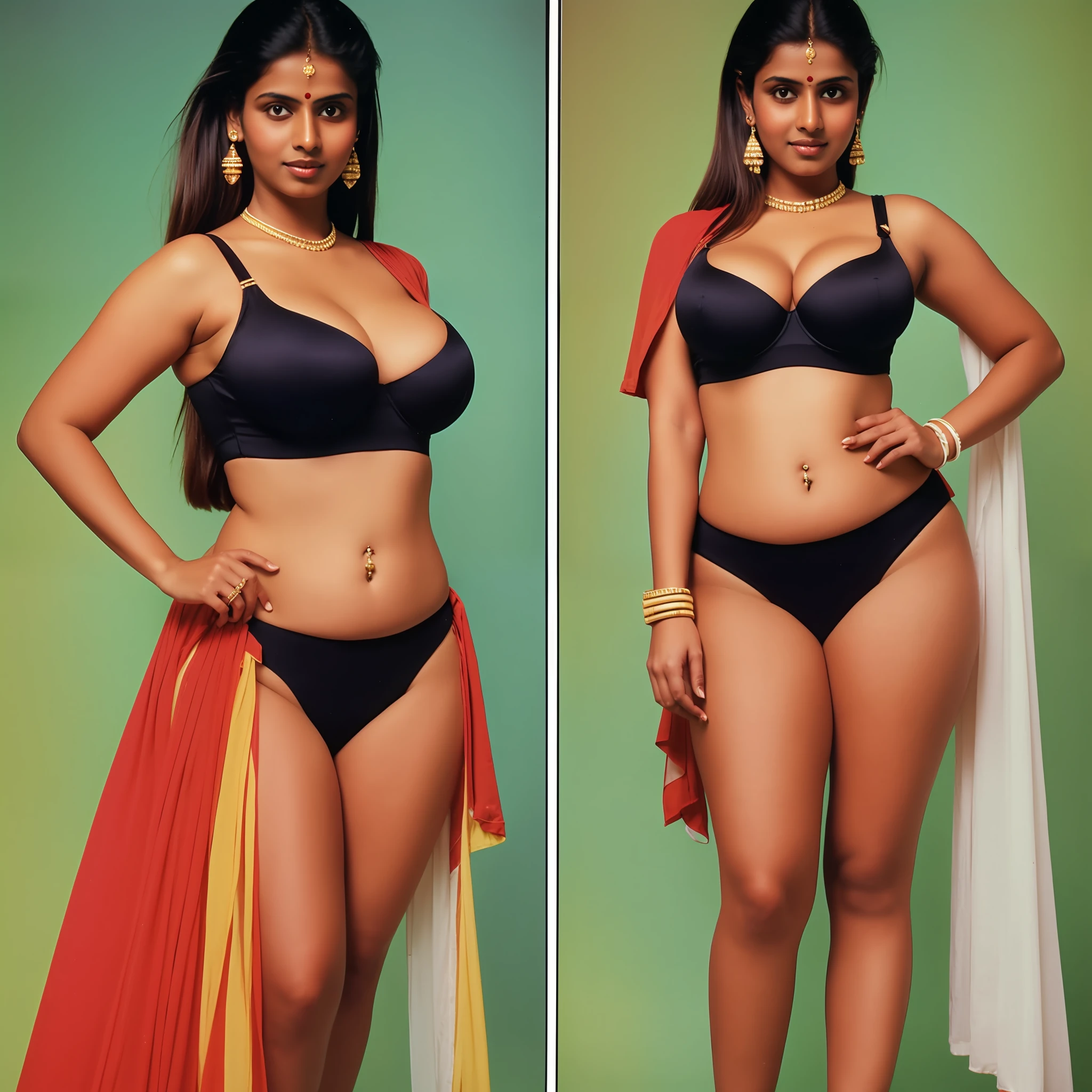 (Split screen:1.2),((1990s style:1.3)) magazine photoshoot, Indian Kerala dark skin woman wearing multiple costumes, (busty, curvy:1.2), 1990s photo quality,shot on Kodak Ultra F9 35mm Film camera,(photorealistic:1.3), visible navel