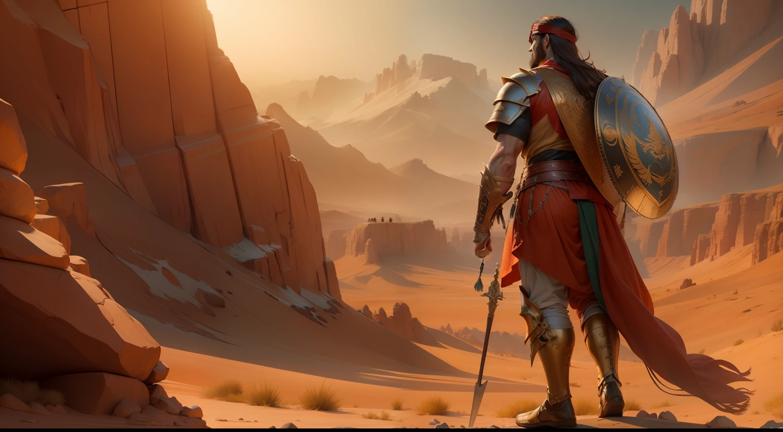 Generate a stunning and realistic image in a biblical style of the warrior of Israel, Josué, standing atop a prominent rock in a red-hued, rocky desert. He points forward, giving a commanding order to his warriors, a formation of loyal followers before him. Josué's authentic biblical armor reflects his strength and valor, while the warm sunlight enhances the grandeur of the scene. The warriors, dressed historically, display unwavering loyalty and courage. The meticulously crafted desert setting features rugged rocks and sunlit horizons, evoking a sense of awe. Render the high-resolution image (8k) with HDR effects for optimal quality and depth. Optionally, incorporate subtle Tokyo cyberpunk elements for a unique twist while preserving the historical ambiance.