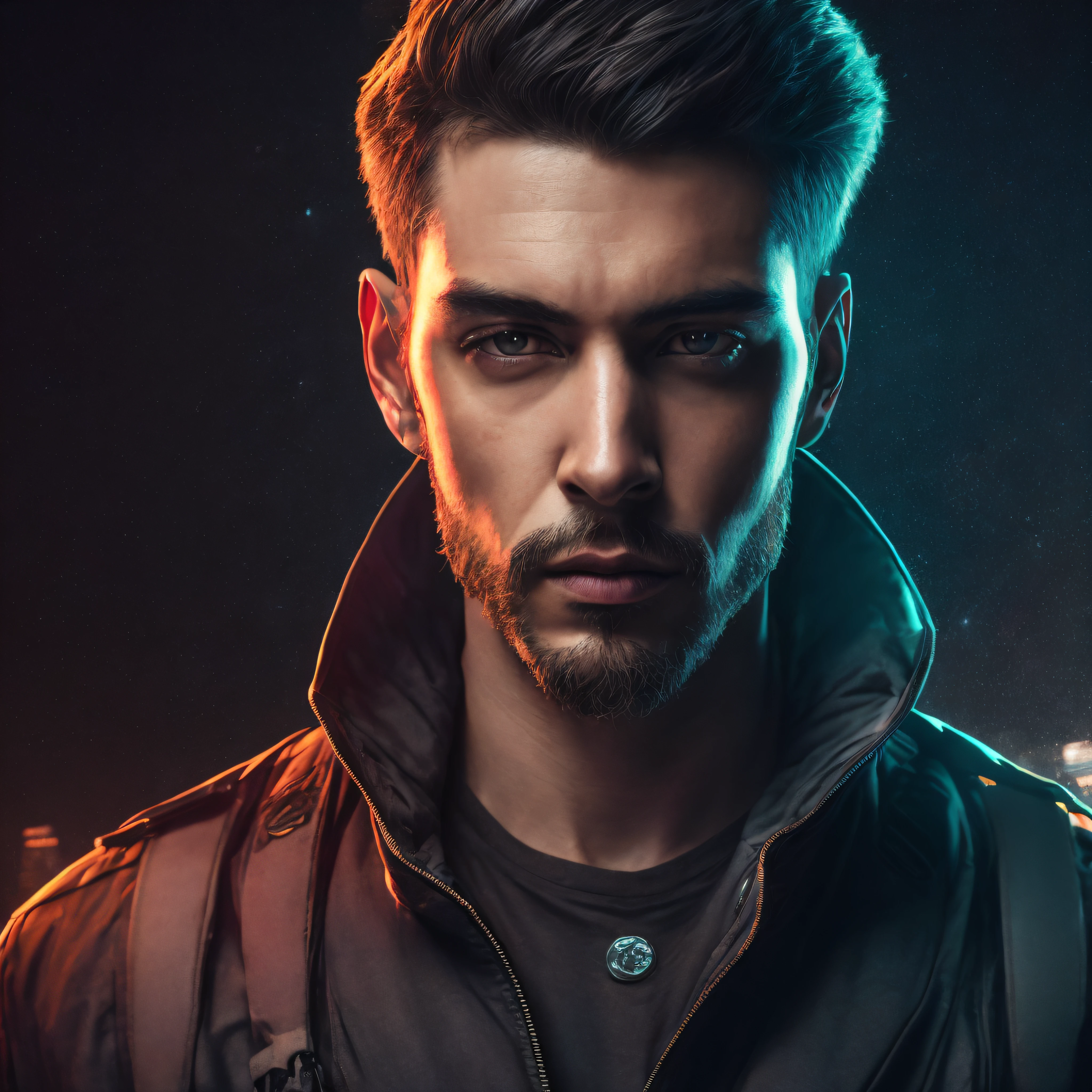 (melhor qualidade, 8k, 32k, obra-prima, UHD: 1.2), Photo of a man with dark background cinematic cyberpunk style --auto