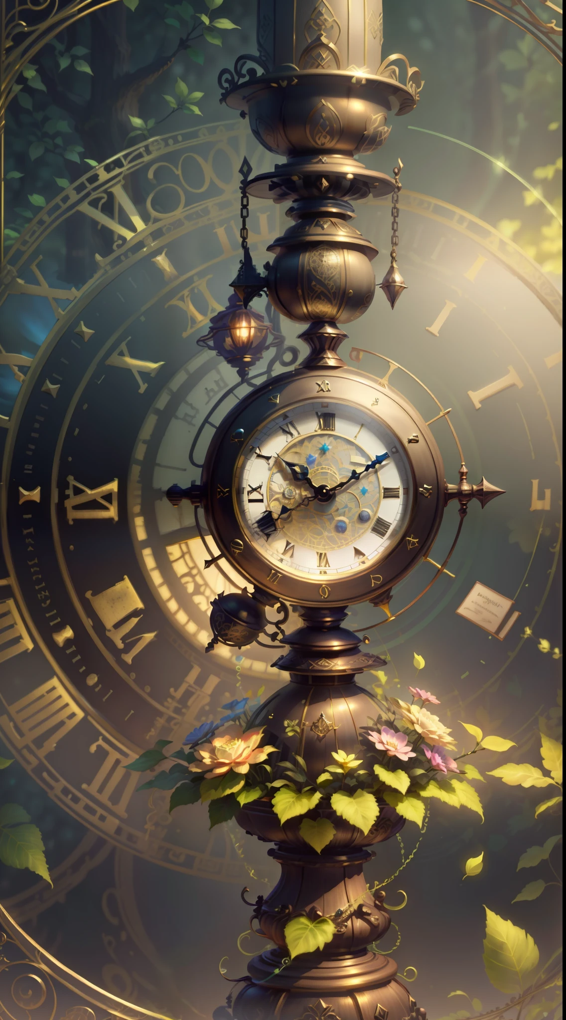 Photo of a large hand holding an antique gold watch, flor, magia-fantasia-florta, Arte Digital, most amazing art in the world, ((Sem humanos)), light volumetric, cores suaves equilibradas, Florta Scenery, videiras, UHD, render de octanas 8k, Magia, Awesome, Ethereal, intrincado, design intrincado, Ultra sharp, Sombras, cores mais frias, trend in CGSociety, ((melhor qualidade)), ((obra-prima)), (detalhado), antique clock