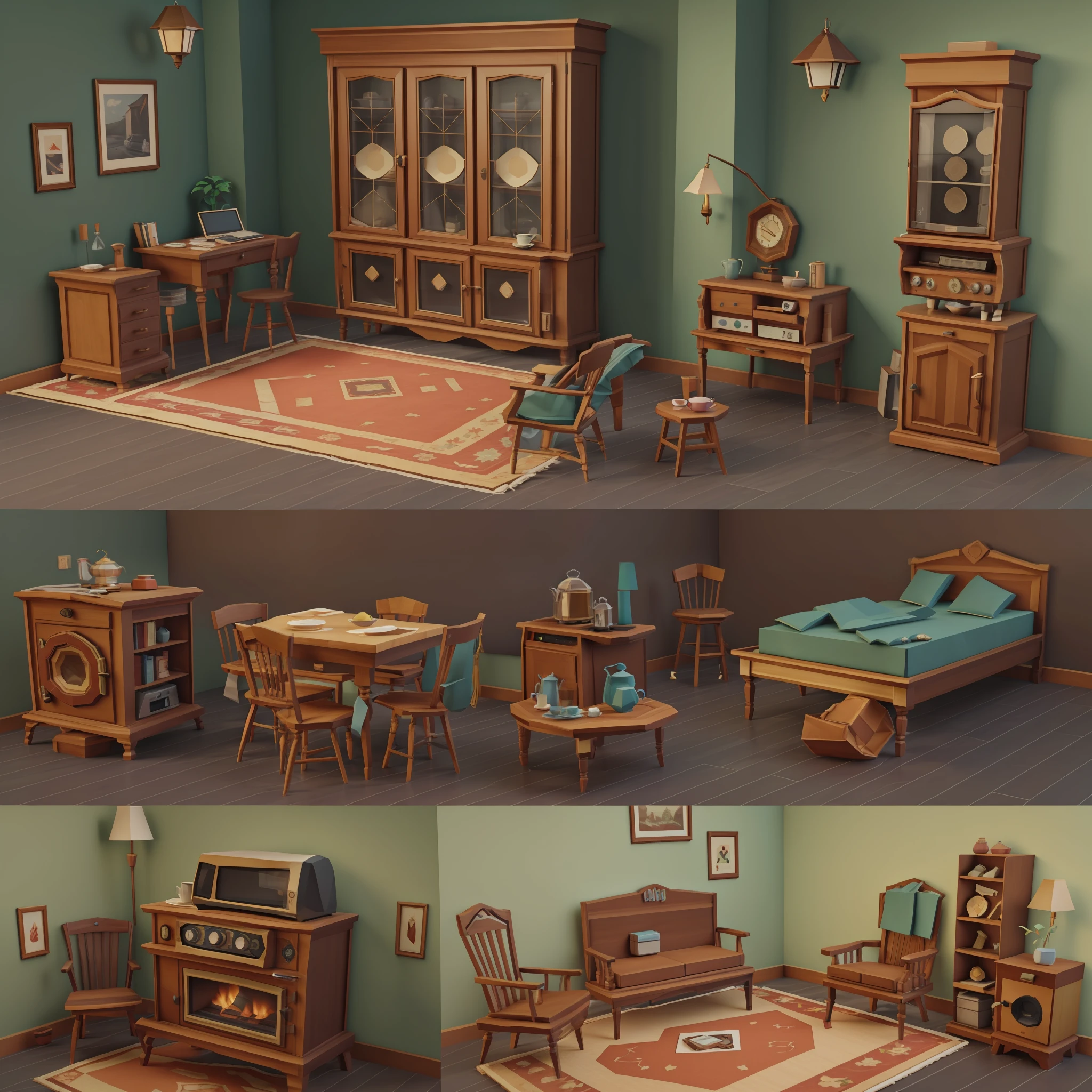 antique home decor kit, sofa, table, bed, cabinet, antique fridge, antique oven, teapot, radio, 3d lowpoly style, low poly, ps1 game style, UHD, high details, best quality, highres, 8k