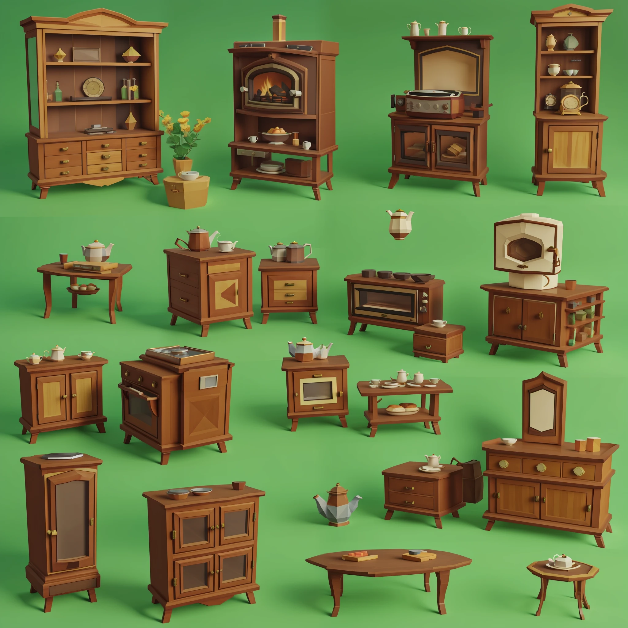 antique home decor kit, sofa, table, bed, cabinet, antique fridge, antique oven, teapot, radio, 3d lowpoly style, low poly, ps1 game style, UHD, high details, best quality, highres, 8k