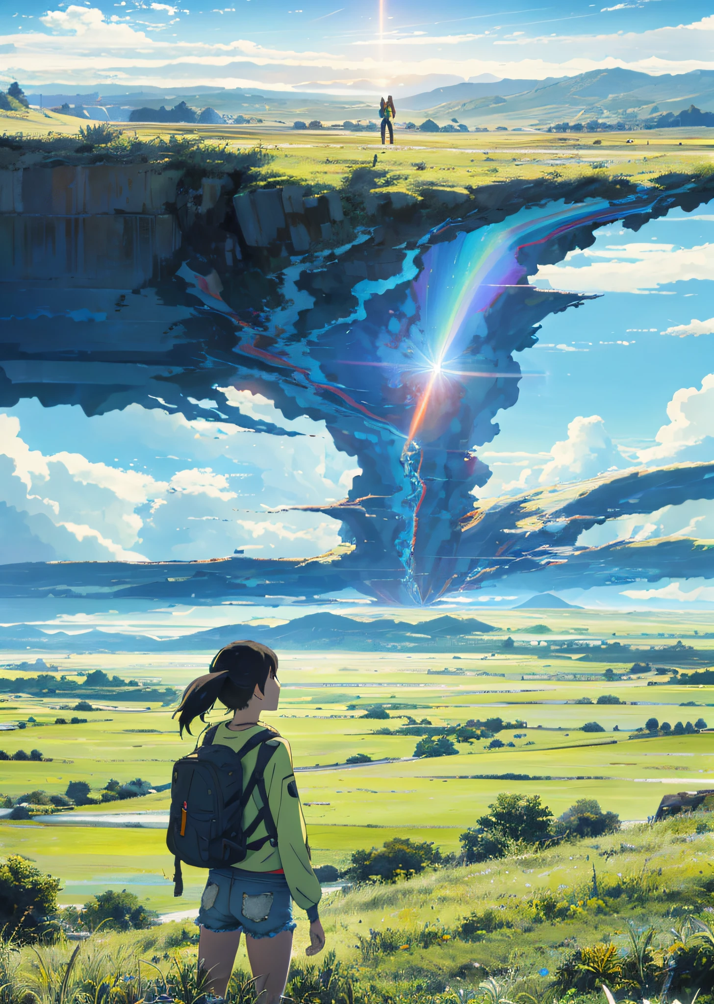The vast sky, beautiful skyline, large grasslands, extremely tense and dramatic pictures, moving visual effects, the high-hanging Polaris, and colorful natural light. Long-sleeved top, denim shorts, and a girl with a backpack.