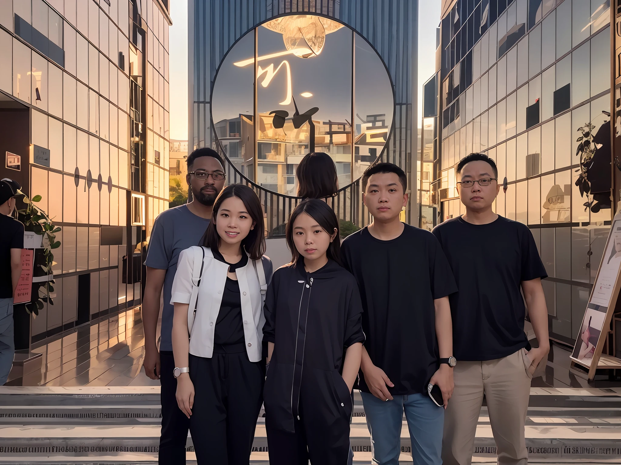 Four people stood in front of a building holding a clock, Group photo, photograph taken in 2 0 2 0, jinyiwei, vacation photo, High picture quality, post-proces), su fu, high-quality picture, wei wang, Eat Zhuoxin, Li Zixin, Qiu Fang, photo taken in 2018, Summer evening