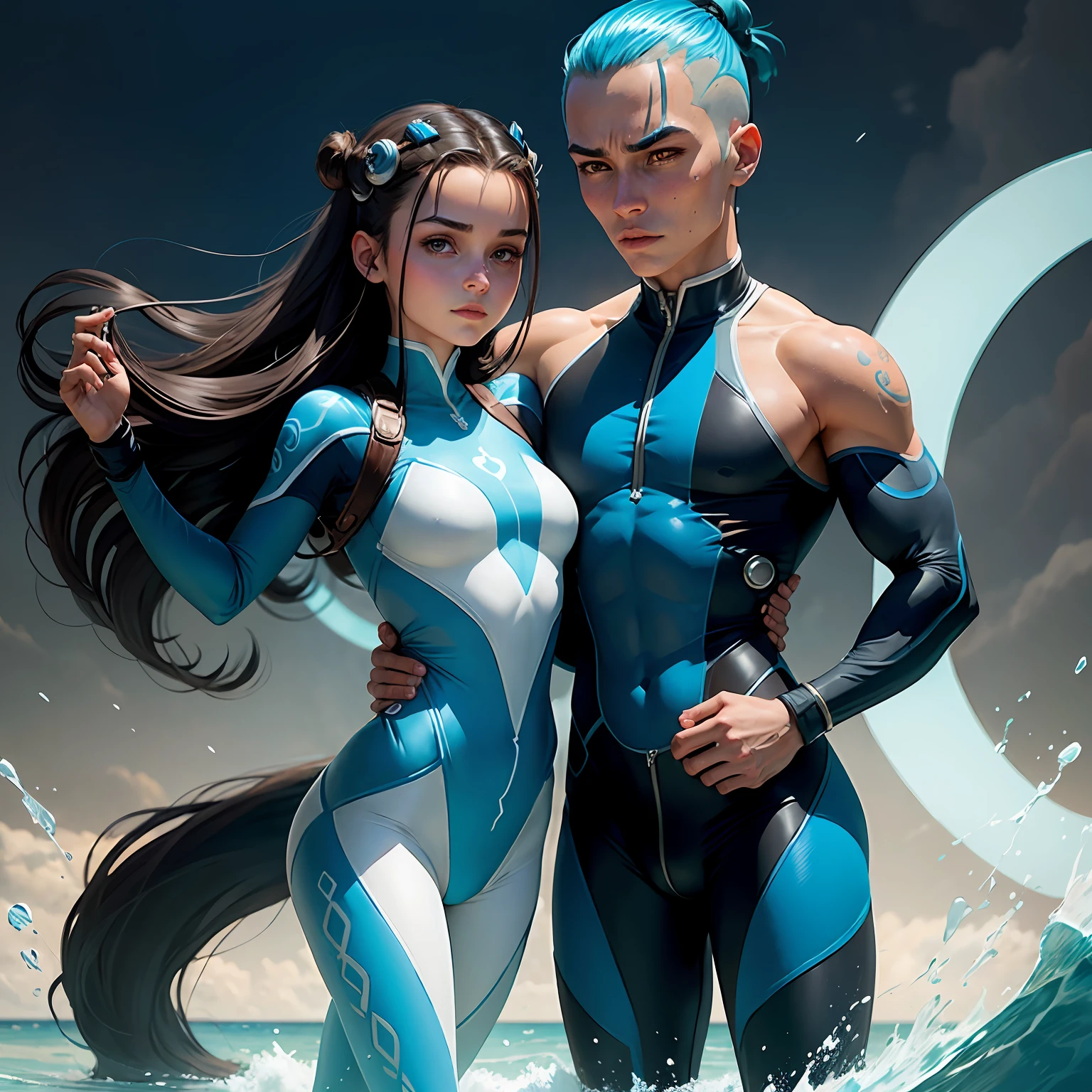 Katara, personagem de Avatar A Lenda de Aang, wearing a swimsuit glued to the body with plugsuit style, being embraced by Traz by her brother Sokka. --auto