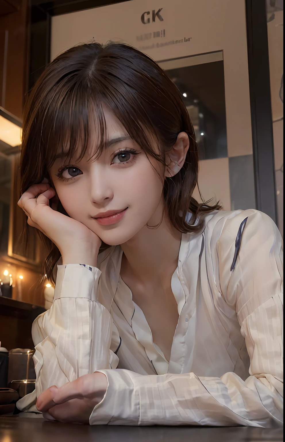 (A hyper-realistic)、(illustratio)、(hight resolution)、(8K)、(ighly detailed)、(Best Illustration)、(beautifully detailed eyes)、(top-quality)、(ultra-detailliert)、(masterpiece)、(wall-paper)、(A detailed face)、独奏、1 girl in、looking at viewert、fine detailed、A detailed face、Dark Bar Counter、in the darkness nigth、deep-shadows、lowkey、pureerosfaceace_v1、A smile、、dark blond hair and short dull hair,,、bangss