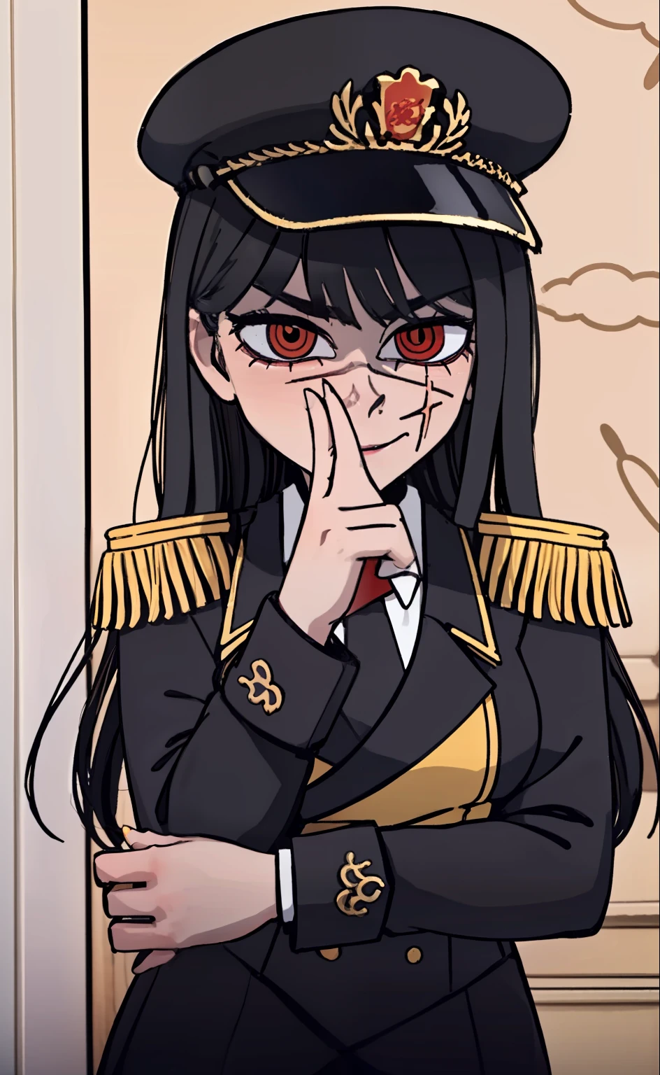 (masterpiece, best quality: 1.2), Solo, 1girl, Yoru \(Chainsaw Man\), looking at the viewer, different poses, red eye, long hair, completely black hair, reference to clothing of a German WWII general, black long sleeves (best quality), scar on face, beautiful eyes, has only 2 arms, has war medals on his clothes, Black Military Cap, Golden Eagle Medal on Clothing,  (Wallpaper), (8K HD), (8K HD), Golden Shoulder Pads, Sprites, 1 Single Design (masterpiece, best quality: 1.2), Solo, 1girl, Yoru \(Chainsaw Man\), looking at the viewer, smile, happy, different poses, red eye, long hair, completely black hair, reference to clothing of a German WWII general, black long sleeves (best quality), scar on face,  beautiful eyes, has only 2 arms, has war medals on his clothes, black military cap, golden eagle medal on clothing, (wallpaper), (8K HD), (8K HD), (8K HD), golden shoulder pads, sprites, 1 single design