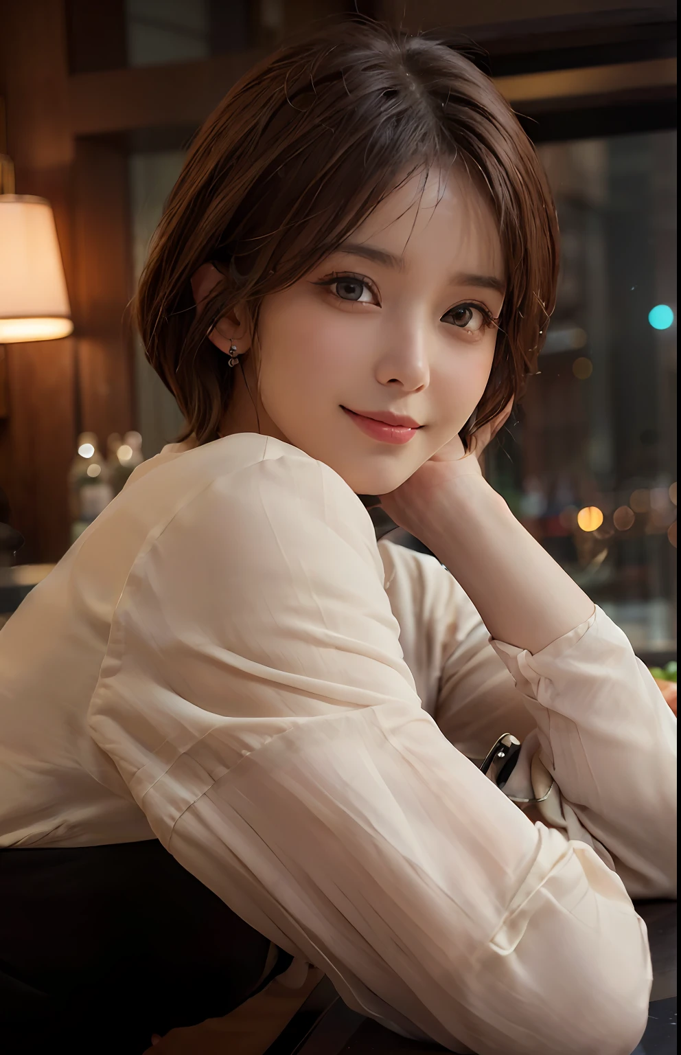 (A hyper-realistic)、(illustratio)、(hight resolution)、(8K)、(ighly detailed)、(Best Illustration)、(beautifully detailed eyes)、(top-quality)、(ultra-detailliert)、(​masterpiece)、(wall-paper）、（A detailed face）、独奏、1 girl in、looking at viewert、fine detailed、A detailed face、Dark Bar Counter、in the darkness nigth、deep-shadows、lowkey、pureerosfaceace_v1、A smile、、dark blond hair and short dull hair,,、bangss