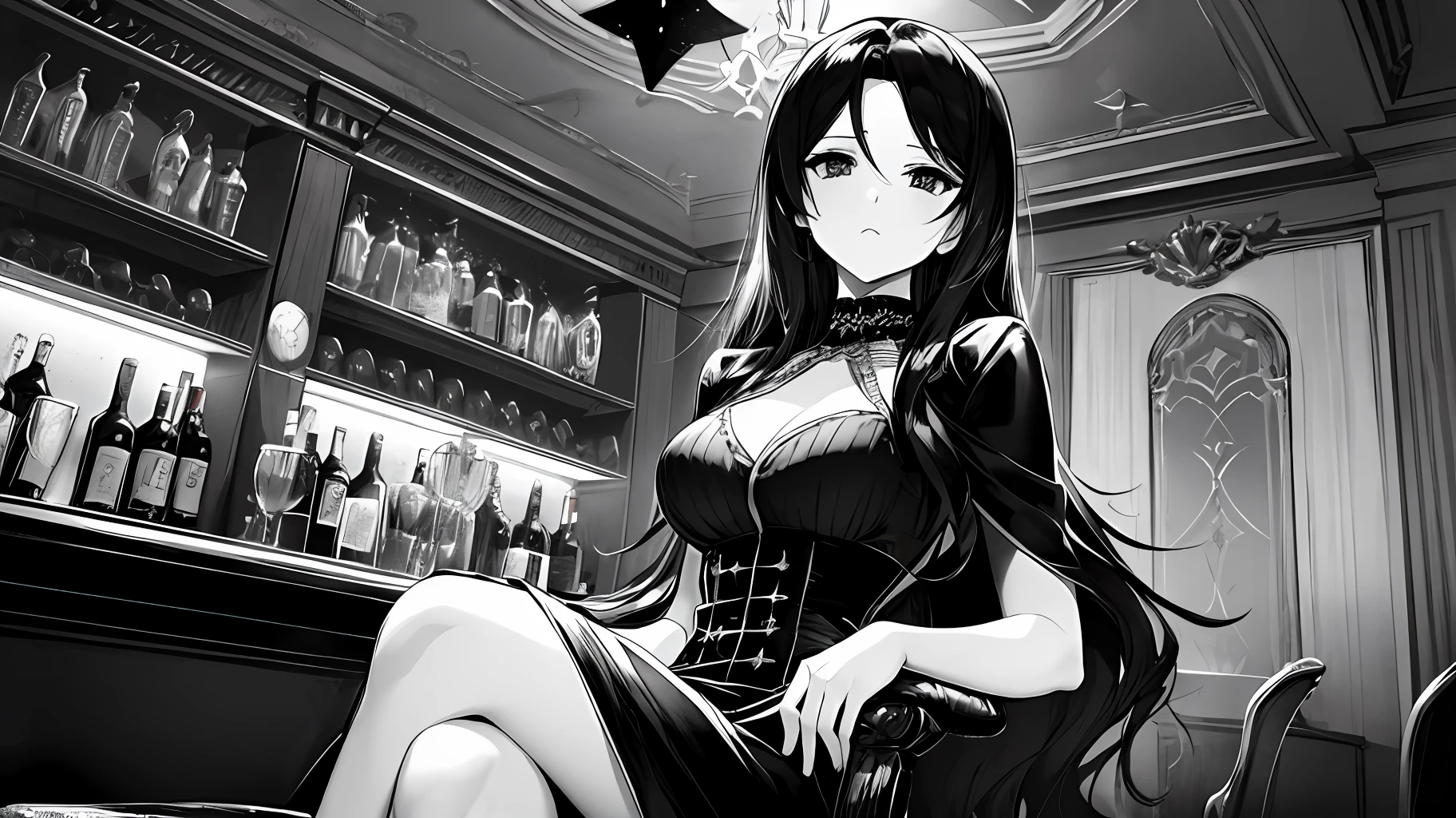 Uma imagem de uma cativante estrela do filme noir, envolta em um vestido elegante, sitting in a dimly lit bar reminiscent of classic Hollywood movies. The black-and-white image exudes the timeless allure of 1940s cinema, with its dramatic lighting and aura of vintage glamour. --auto --s2