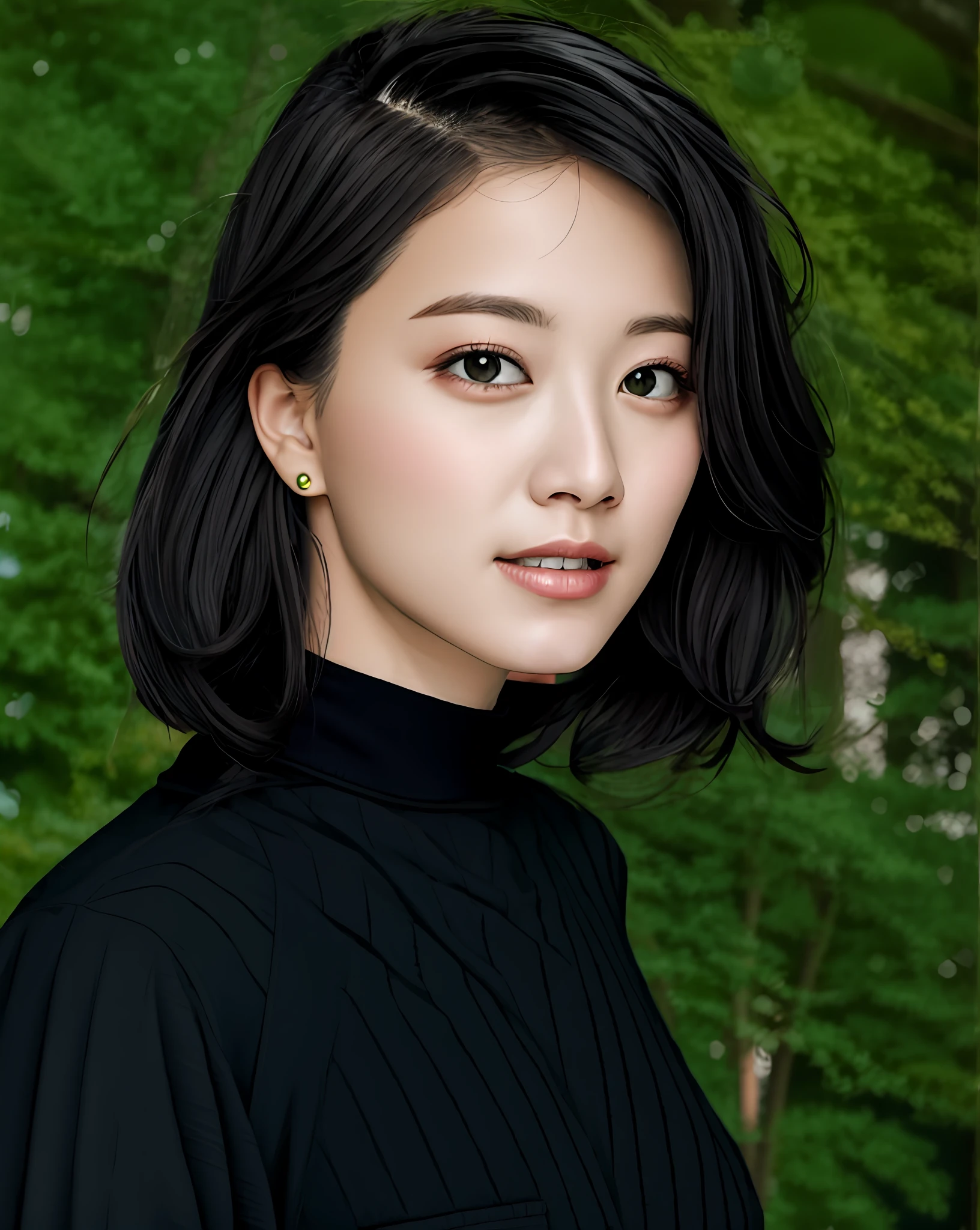 a woman with a black turtle neck top and a green background with trees and bushes behind her, looking at the camera, highres, highly detailed, (ulzzang-6500-v1.1:0.2)