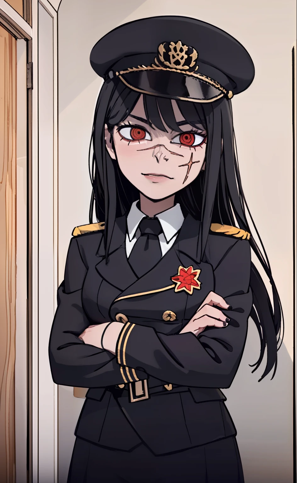 (masterpiece, best quality: 1.2), Solo, 1girl, Yoru \(Chainsaw Man\), looking at the viewer, different poses, red eye, long hair, completely black hair, reference to clothing of a German WWII general, black long sleeves (best quality), scar on face, beautiful eyes, has only 2 arms, has war medals on his clothes, Black Military Cap, Golden Eagle Medal on Clothing, (Wallpaper), (8K HD), (8K HD), Golden Shoulder Pads, Sprites, 1 Single Design (masterpiece, best quality: 1.2), Solo, 1girl, Yoru \(Chainsaw Man\), looking at the viewer, smile, happy, different poses, red eye, long hair, completely black hair, reference to clothing of a German WWII general, black long sleeves (best quality), scar on face, beautiful eyes, has only 2 arms, has war medals on his clothes, black military cap, golden eagle medal on clothing, (wallpaper), (8K HD), (8K HD), (8K HD), golden shoulder pads, sprites, 1 single design
