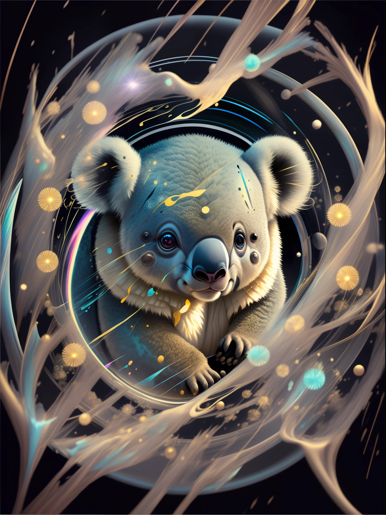 Dans le style de 0mib, adorable koala, prismatic splinters, Reflective fractal circles, ink splashes, coups de pinceau fondants, vortex de particules, dramatic lighting, highly quality, beau, master piece