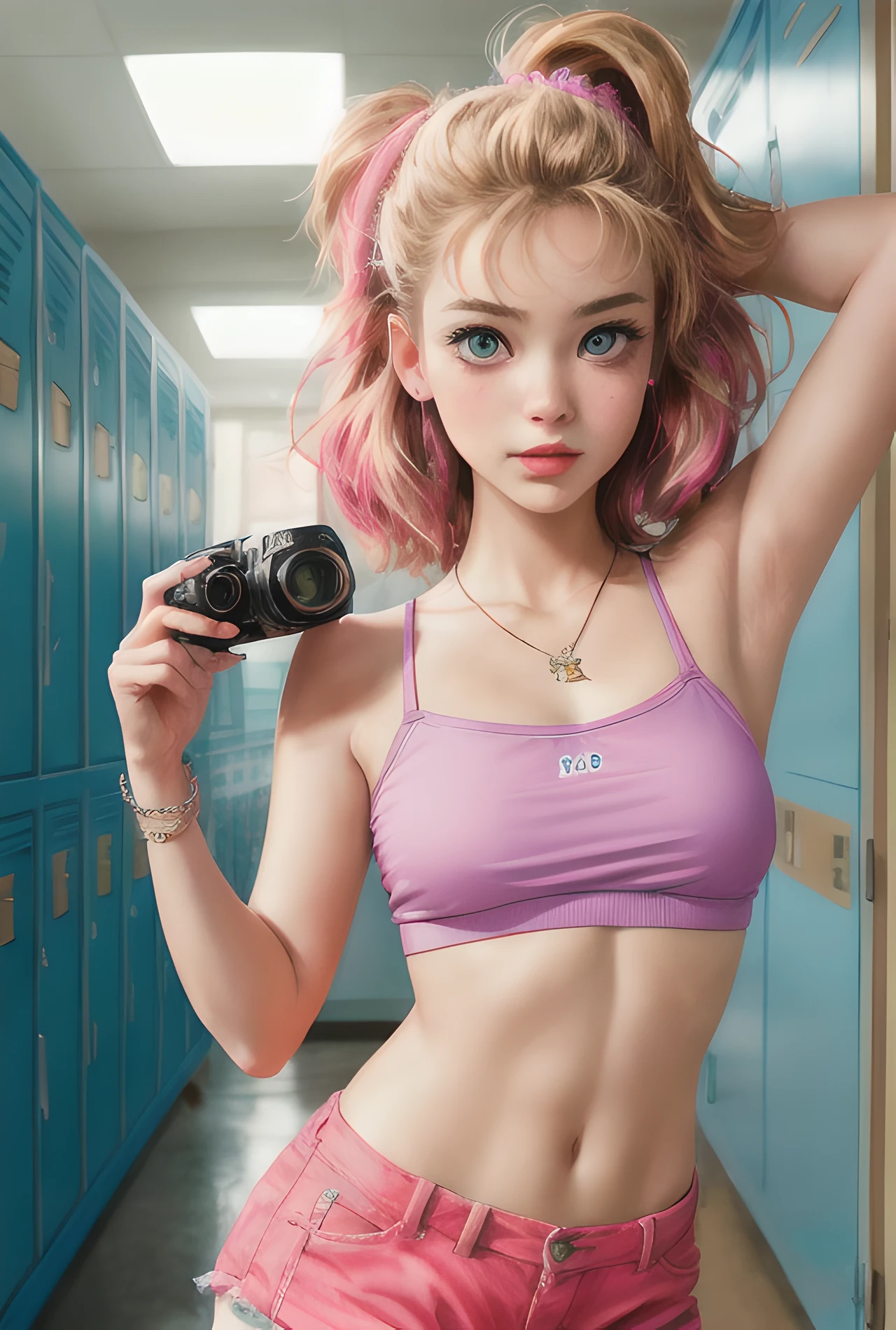 " One More Time" | This is a nostalgic image bringing to mind the late 90s and early 2000s. Generate a confident, petite woman ((in the style of the 1995 movie Clueless)) holding a realistic disposable camera. She is dressed in a fashionable 90s ensemble, standing in front of personalized indoor school lockers adorned with stickers, photos, and notes. Her (((exquisitely detailed face))) reflects the artistry of the time. Her big eyes are realistic, hires, and realistically shaded. The retro lockers are decorated with 90s and Y2K aesthetics, including ephemera such as photos and stickers. Capture the essence in a stunning watercolor style, with an over-the-shoulder shot by Alex Maleev using professional-grade equipment for sharp, bokeh-filled, studio-quality results. Experiment with a fisheye lens for a unique perspective. Include flowers and a belly button piercing for added retro vibes. The composition should evoke reverence for the 90s with an extraordinary touch. (1woman:1.4), (solo:1.2), small breasts, beautiful eyes, (disheveled hair), photography, over-the-shoulder shot, by Alex Maleev, professional, canon camera, nikon camera, sharp, bokeh, studio quality, fisheye lens, by Robert Capa, flowers, belly button piercing, 90s vibes, retro, influences from the past 90s.
