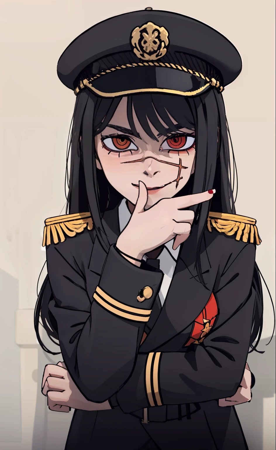 (masterpiece, best quality: 1.2), Solo, 1girl, Yoru \(Chainsaw Man\), looking at the viewer, different poses, red eye, long hair, completely black hair, reference to clothing of a German WWII general, black long sleeves (best quality), scar on face, beautiful eyes, has only 2 arms, has war medals on his clothes, Black Military Cap, Golden Eagle Medal on Clothing, (Wallpaper), (8K HD), (8K HD), Golden Shoulder Pads, Sprites, 1 Single Design (masterpiece, best quality: 1.2), Solo, 1girl, Yoru \(Chainsaw Man\), looking at the viewer, smile, happy, different poses, red eye, long hair, completely black hair, reference to clothing of a German WWII general, black long sleeves (best quality), scar on face, beautiful eyes, has only 2 arms, has war medals on his clothes, black military cap, golden eagle medal on clothing, (wallpaper), (8K HD), (8K HD), (8K HD), golden shoulder pads, sprites, 1 single design