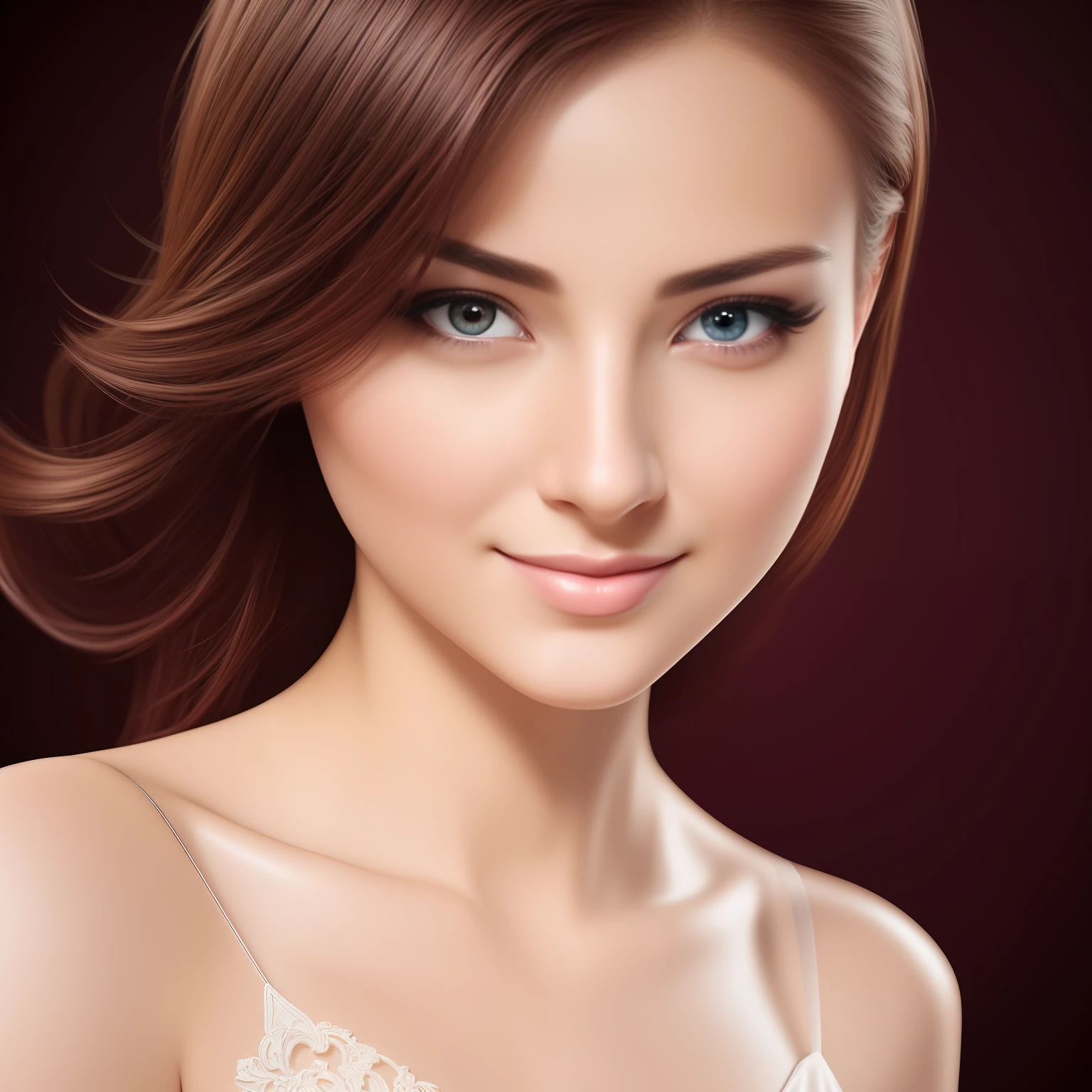8k, ((A slight smil)),Photorealism, infp young woman, 23 years old, From waist to top, Look at viewers, ((alluring face)),  Real skin, fulcolor, topquality, a very delicate and beautiful, Raw photo details, professional photograpy, 独奏, Beautiful lips, Real skin, fulcolor, Raw photo details, Realistic Pictures Beautiful Realistic Eyes, beautiful look, chestnut bristles, Maroon Eyes, warm dreamy lighting, White background, Volumetric lighting, Dynamic gradients, Vivid Color, Highly detailed vector curves, Smooth and clean, Cinematic, ornate pattern, elegant organic framing, Hyper-Realism、 Collection of masterpieces, Fantasia --auto
