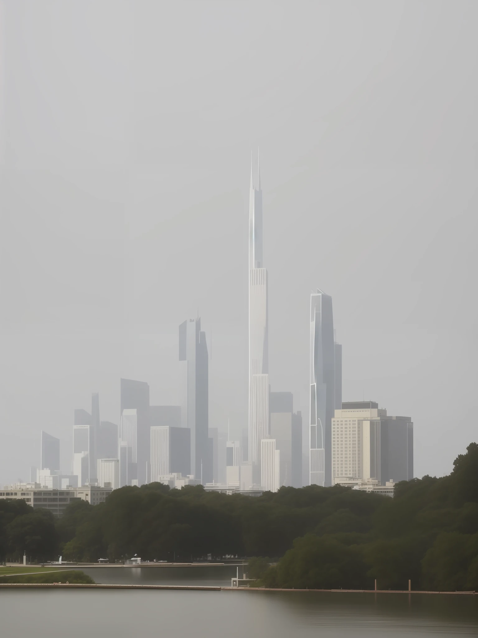 Hazy skies cover cities with lakes and boats, skyscrapers in the distance, Building in the distance, skyline showing, skyline in the distance, visto ao longe, towering over a city, Skyscrapers in the background, from the distance, visto ao longe, tall buildings on the sides, Seen from a distance, visto ao longe