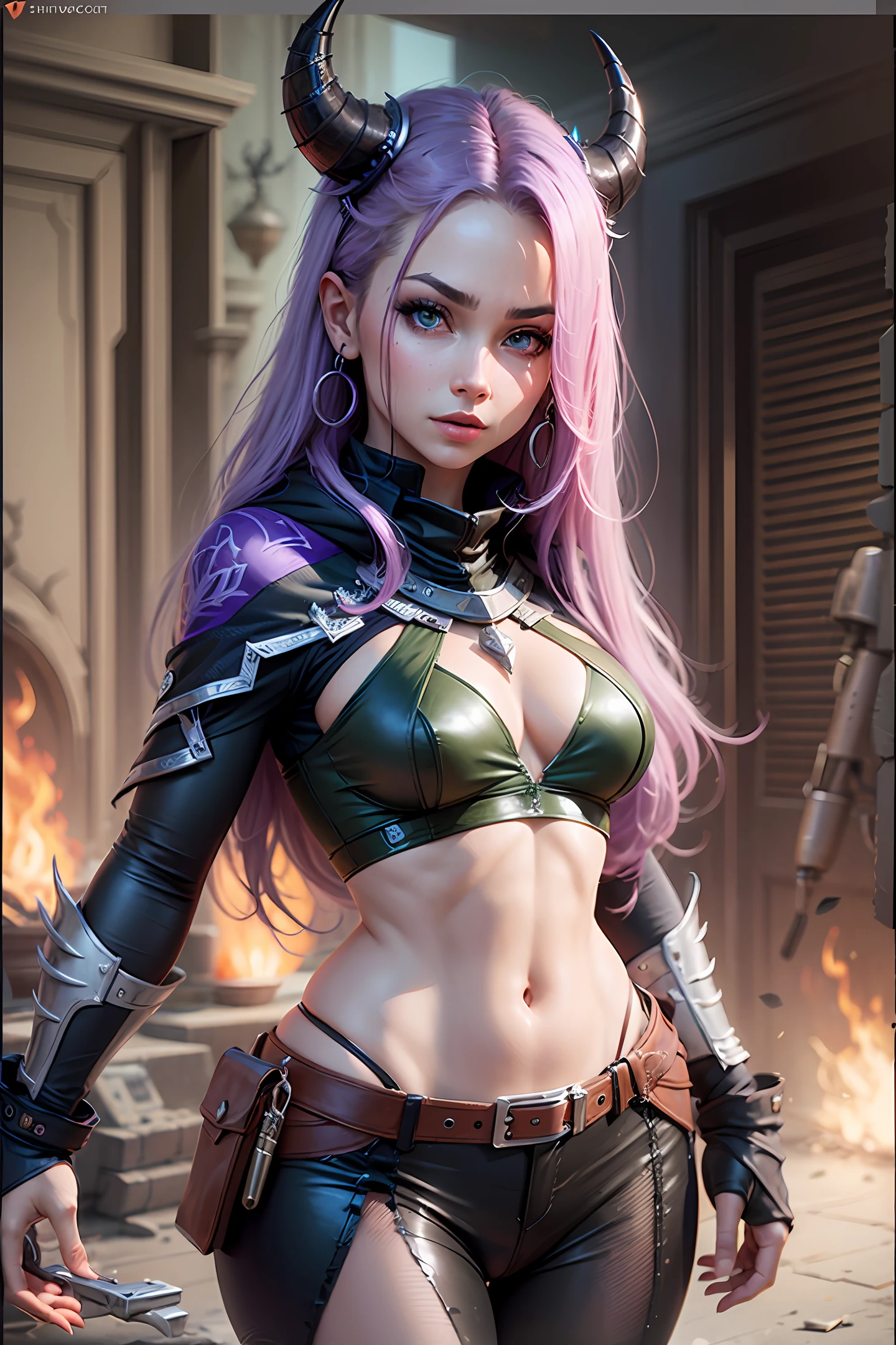 female demon hunter, realistic, double guns, purple long straight hair, green eyes --auto --s2