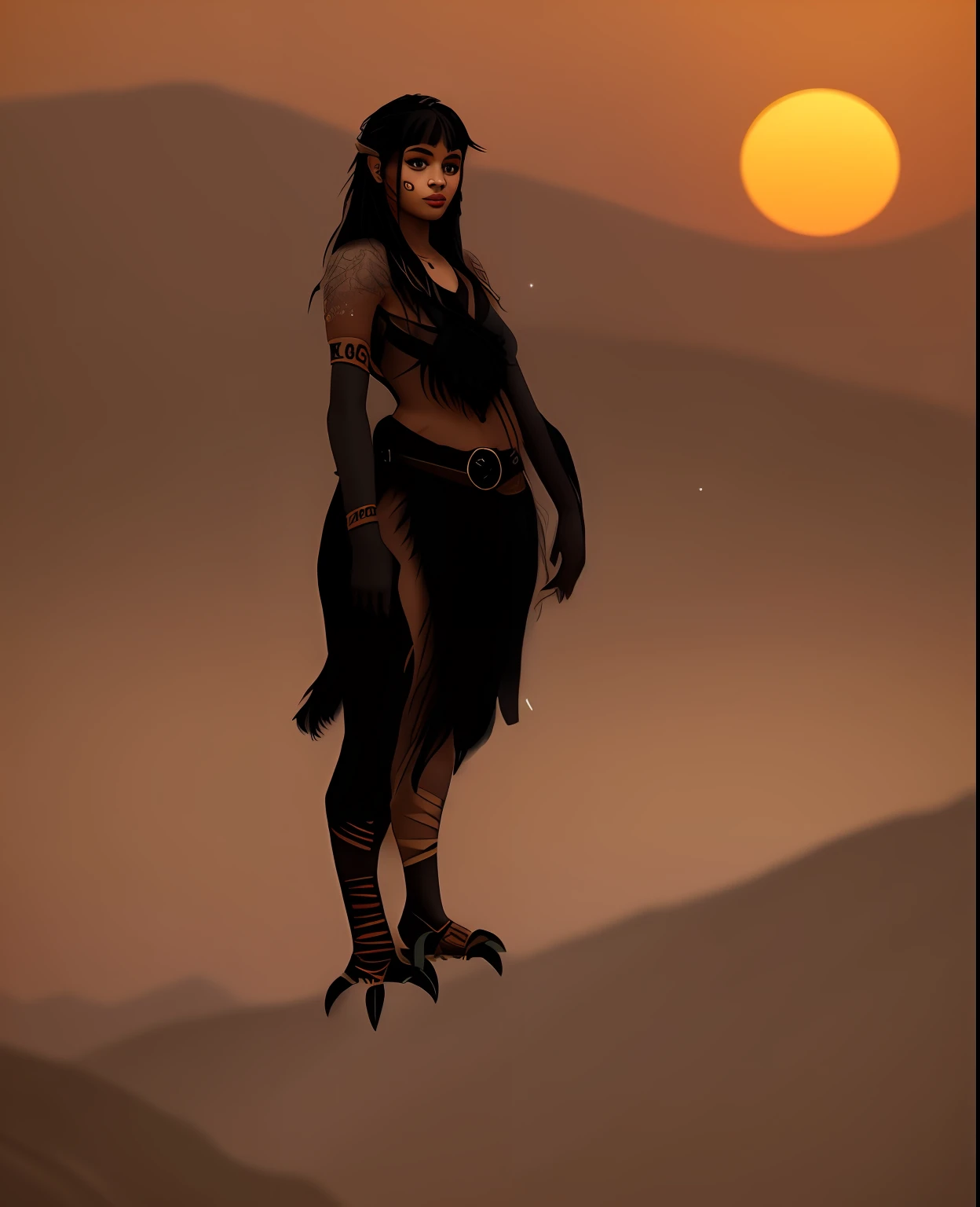 india with black hair, harpy eagle paws, black hair, tribal tattoos, she has feathers growing out of human skin