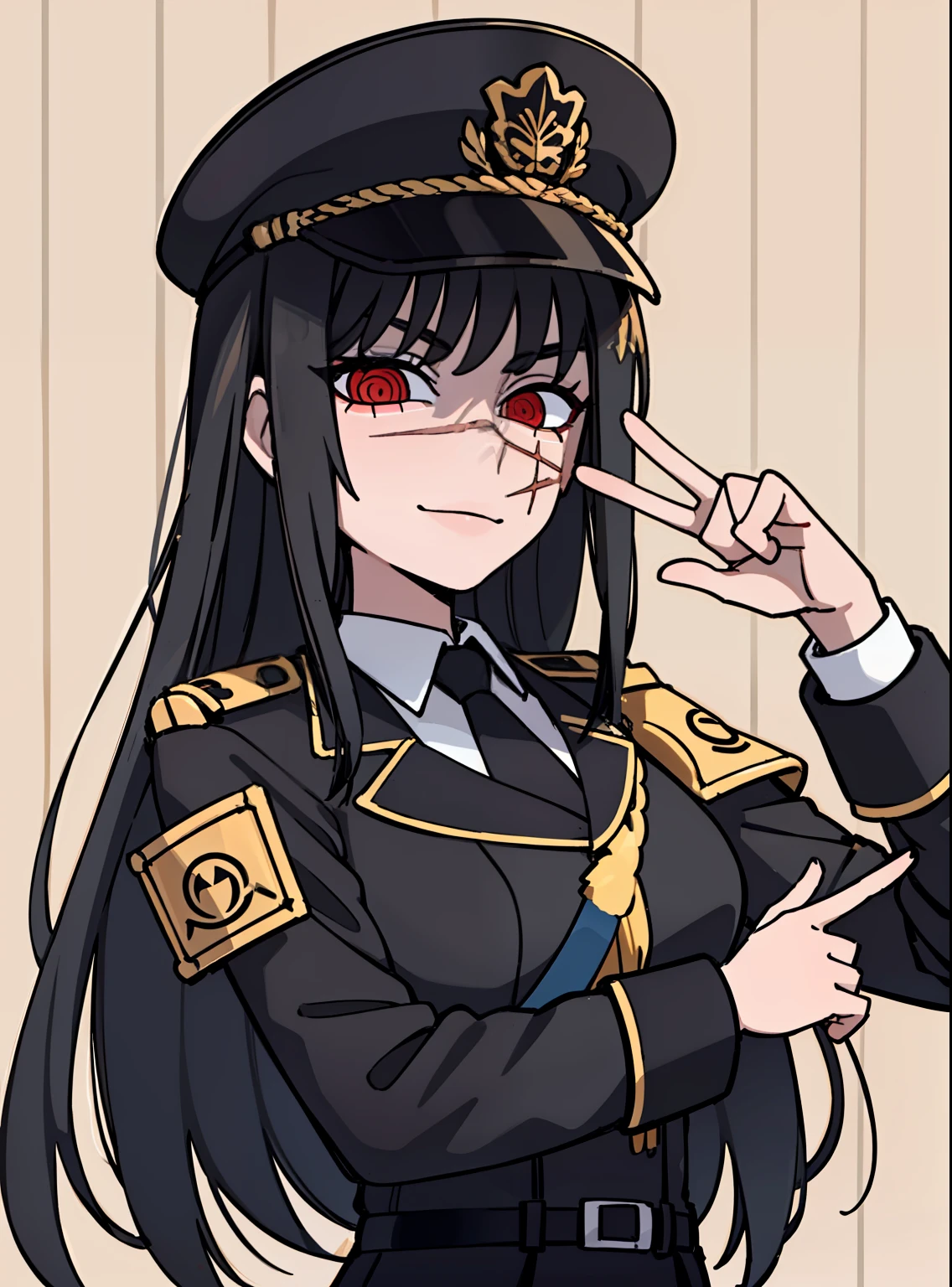(masterpiece, best quality: 1.2), Solo, 1girl, Yoru \(Chainsaw Man\), looking at the viewer, different poses, red eye, long hair, completely black hair, reference to clothing of a German WWII general, black long sleeves (best quality), scar on face, beautiful eyes, has only 2 arms, has war medals on his clothes, Black Military Cap, Golden Eagle Medal on Clothing, (Wallpaper), (8K HD), (8K HD), Golden Shoulder Pads, Sprites, 1 Single Design (masterpiece, best quality: 1.2), Solo, 1girl, Yoru \(Chainsaw Man\), looking at the viewer, smile, happy, different poses, red eye, long hair, completely black hair, reference to clothing of a German WWII general, black long sleeves (best quality), scar on face, beautiful eyes, has only 2 arms, has war medals on his clothes, black military cap, golden eagle medal on clothing, (wallpaper), (8K HD), (8K HD), (8K HD), golden shoulder pads, sprites, 1 single design