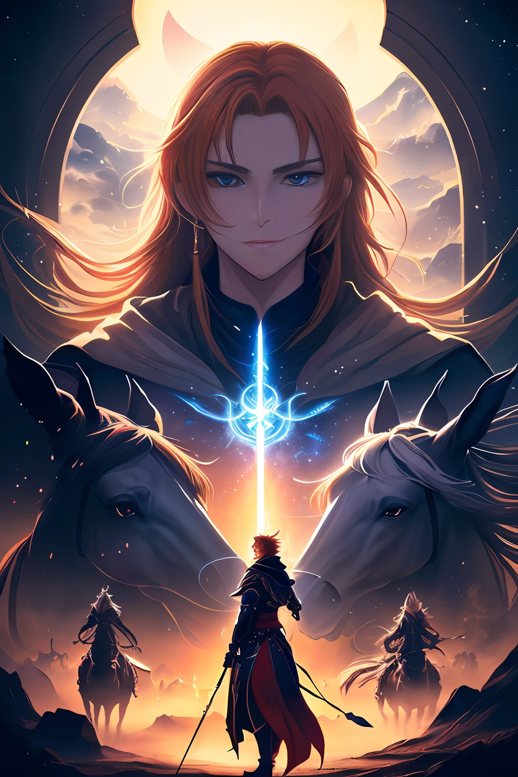 A closeup of a person standing in front of a horse, arte fantasia behance, Epic Fantasy Digital Art Style, Symmetrical Epic Fantasy Art, arte de fantasia digital 2d detalhada, epic fantasy HD art style, Epic fantasy art style, armadura dourada e brilhante de cobre, 8k hd wallpaperjpeg artefato, 8 K HD WallpaperArtefato jpeg