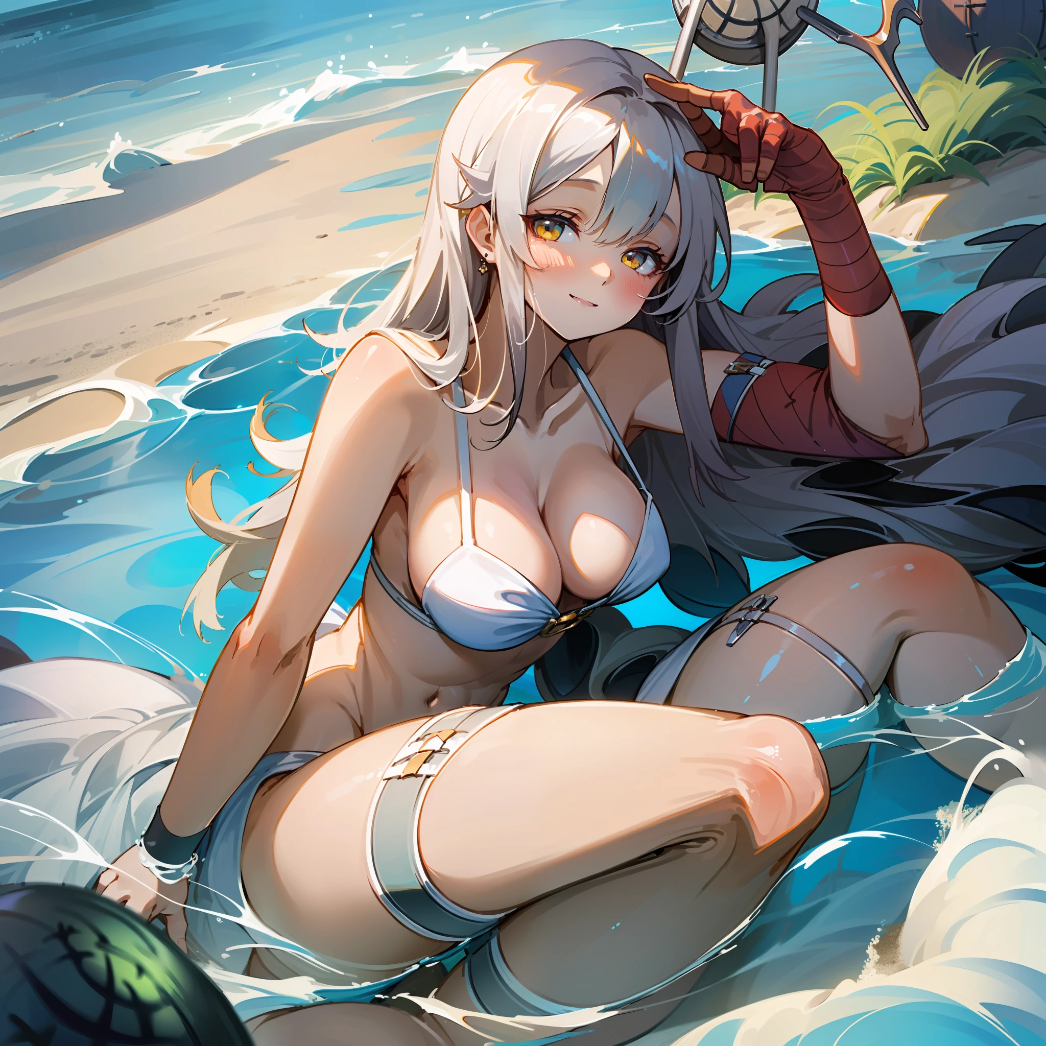 (best quality:2.0),happy,White hair,detailliert,the clear waters of a beautiful view on the beach,beautiful thighs and breasts,beautiful curves,Bikini,reflektierender Mond im Wasser in einer mondlosen Nacht,Hut,nachts,dunkel,teasing,peeves,sexuelle lust,halb nackt