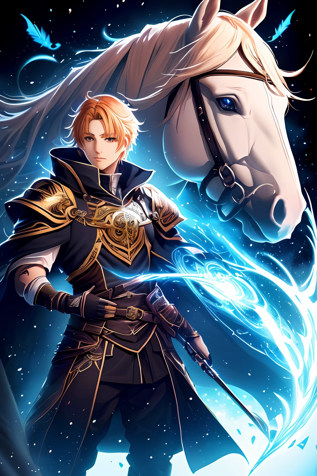 A closeup of a person standing in front of a horse, arte fantasia behance, Epic Fantasy Digital Art Style, Symmetrical Epic Fantasy Art, arte de fantasia digital 2d detalhada, epic fantasy HD art style, Epic fantasy art style, armadura dourada e brilhante de cobre, 8k hd wallpaperjpeg artefato, 8 K HD WallpaperArtefato jpeg