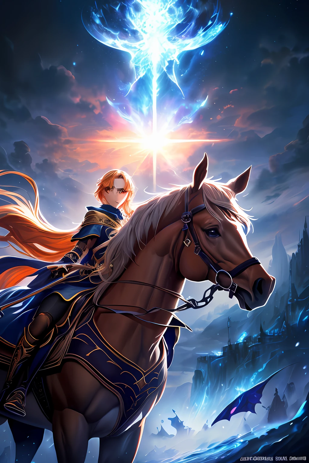 A closeup of a person standing in front of a horse, arte fantasia behance, Epic Fantasy Digital Art Style, Symmetrical Epic Fantasy Art, arte de fantasia digital 2d detalhada, epic fantasy HD art style, Epic fantasy art style, armadura dourada e brilhante de cobre, 8k hd wallpaperjpeg artefato, 8 K HD WallpaperArtefato jpeg