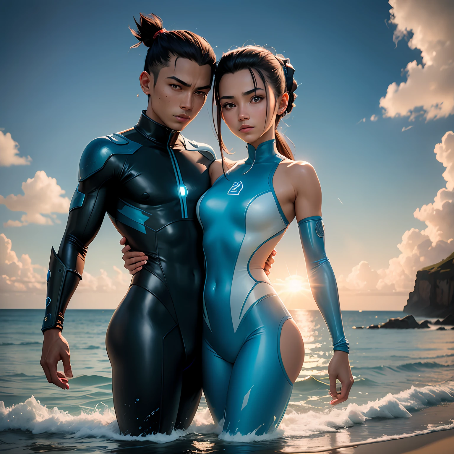 "Katara, personagem de Avatar A Lenda de Aang, wearing a swimsuit glued to the body with plugsuit style, being hugged from behind by her brother Sokka. Objects in the scenario: agua, praia, clouded skies. Enquadramento: Plano aberto, scenic. Uplighting: Indireta, But the sun is about to go down." --auto