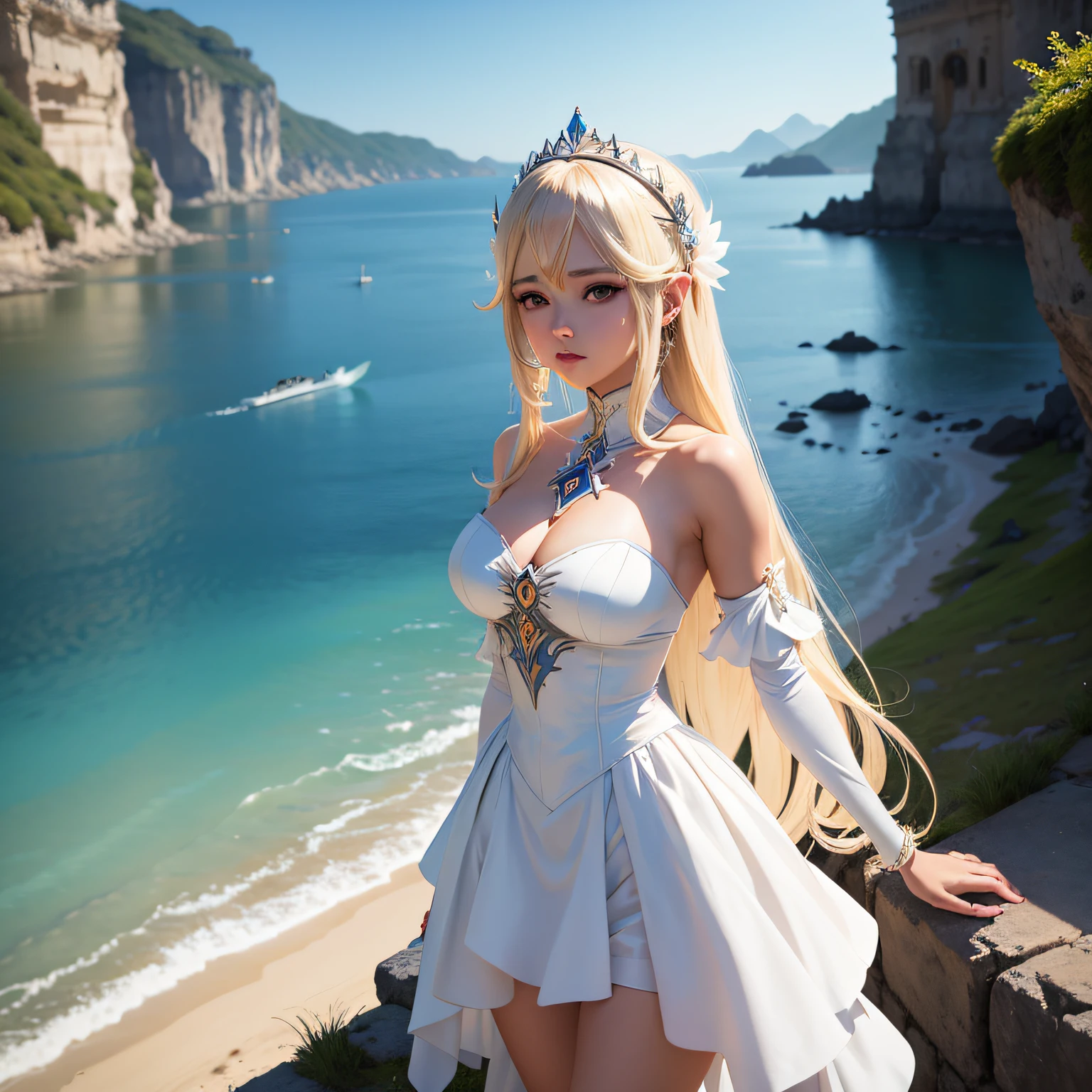 Blonde woman in white dress standing on a wall by a lake, Deusa loira, deusa bonita, deusa anime, donzela bonita, Princesa 'Kida' Kidagakash, fanart requintada altamente detalhada, Artgerm extremamente detalhado, goddess of summer, ((uma bela imperatriz fantasia)), mulher bonita sedutora do anime, Deusa grega, arte de anime limpa e detalhada, Deusa do Oceano --auto