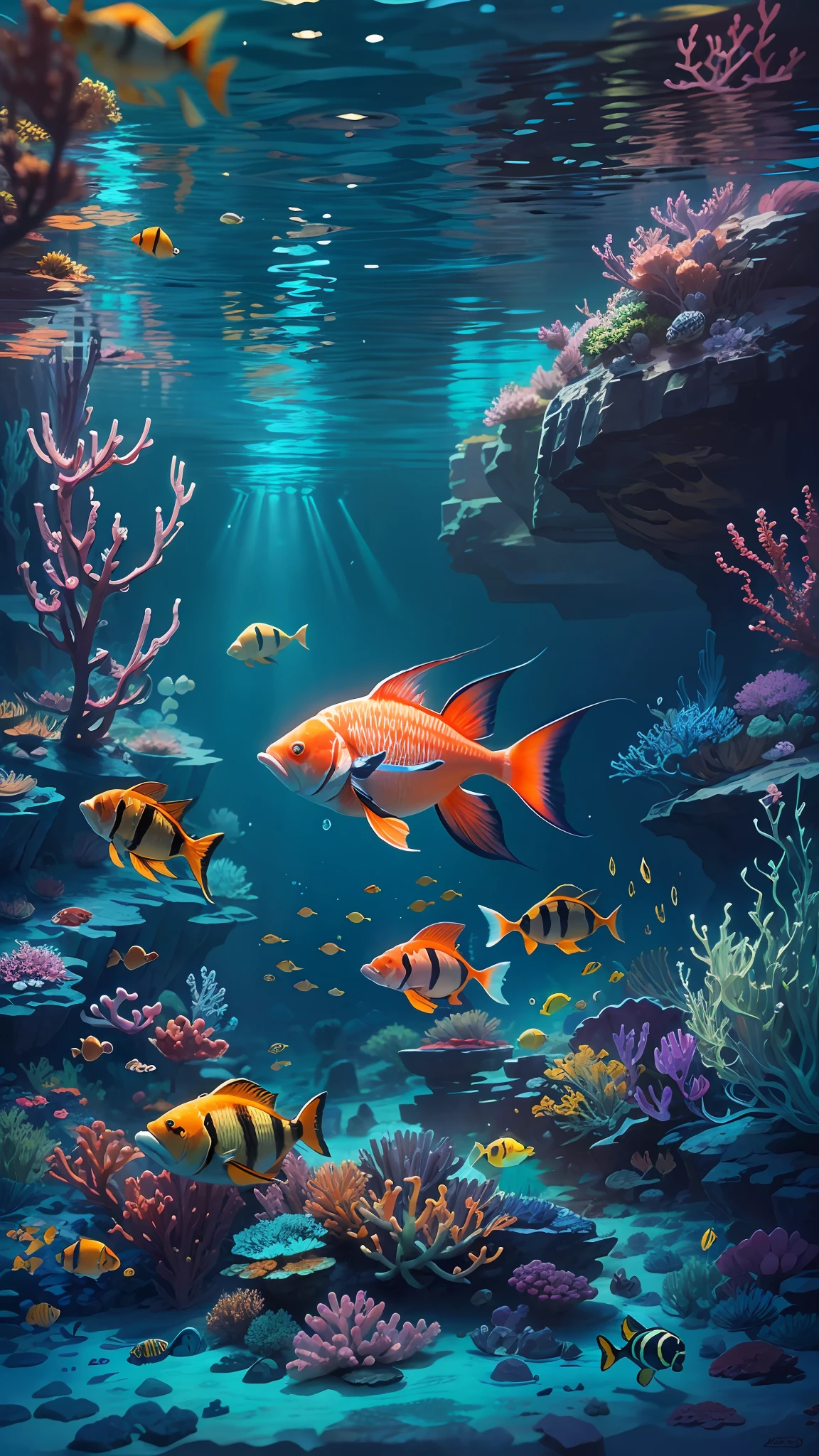 Epic underwater world photography, Full of exotic fish and coral reefs, The whole is blue,Colorful, 4KHD, Wallpapers, Light effects, Fantasy art