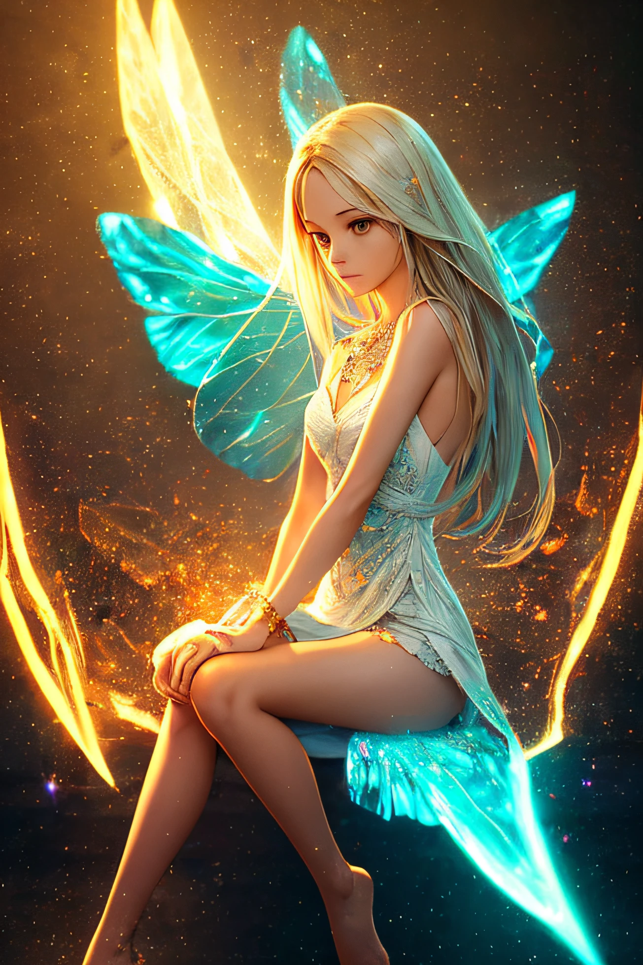 Image of a fragile woman with delicate features, sitting curled up with her hands hugging around her legs. It has butterfly wings sticking out of its back, symbolizing the idea of liberation. The image is colorful, but has a context of light that surrounds it, highlighting the delicacy and the sense of hope. The wings are visible and draw attention, representing transformation and the quest for freedom. ((best quality)), ((masterpiece)), ((realistic)), portrait, 1girl, heavenly, deity, goddess, particles of light, halo, looking at the viewer, (bioluminescent: 0.95) ocean, bioluminescent, vibrant, colorful, color, (bright, brightness), (beautiful composition), cinematic lighting, intricate, (symmetrical: 0.5), capricious,