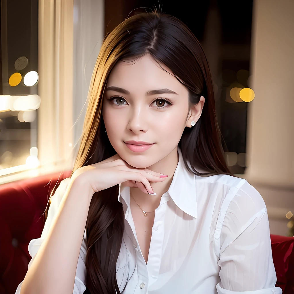 (8k, Best Quality, Masterpiece: 1.2), (Realistic, Photorealistic: 1.37), Super Detailed, 1 Girl, Cute, Alone, Beautiful Detailed Sky, Detailed Cafe, Night, Sitting, Date, ( Nose blush), (smile: 1.15), (close mouth) small breasts, beautiful details, (collared shirt: 1.1), night, wet, business wear, rain, white lace, (short hair: 1.2), floating Hair NovaFrogStyle,