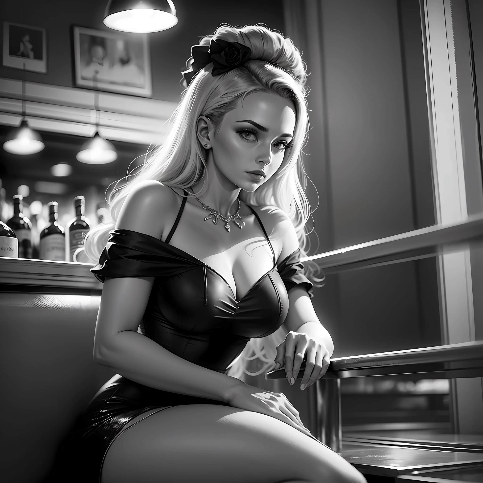 Uma imagem de uma cativante estrela do filme noir, envolta em um vestido elegante, sitting in a dimly lit bar reminiscent of classic Hollywood movies. The black-and-white image exudes the timeless allure of 1940s cinema, with its dramatic lighting and aura of vintage glamour. --auto --s2