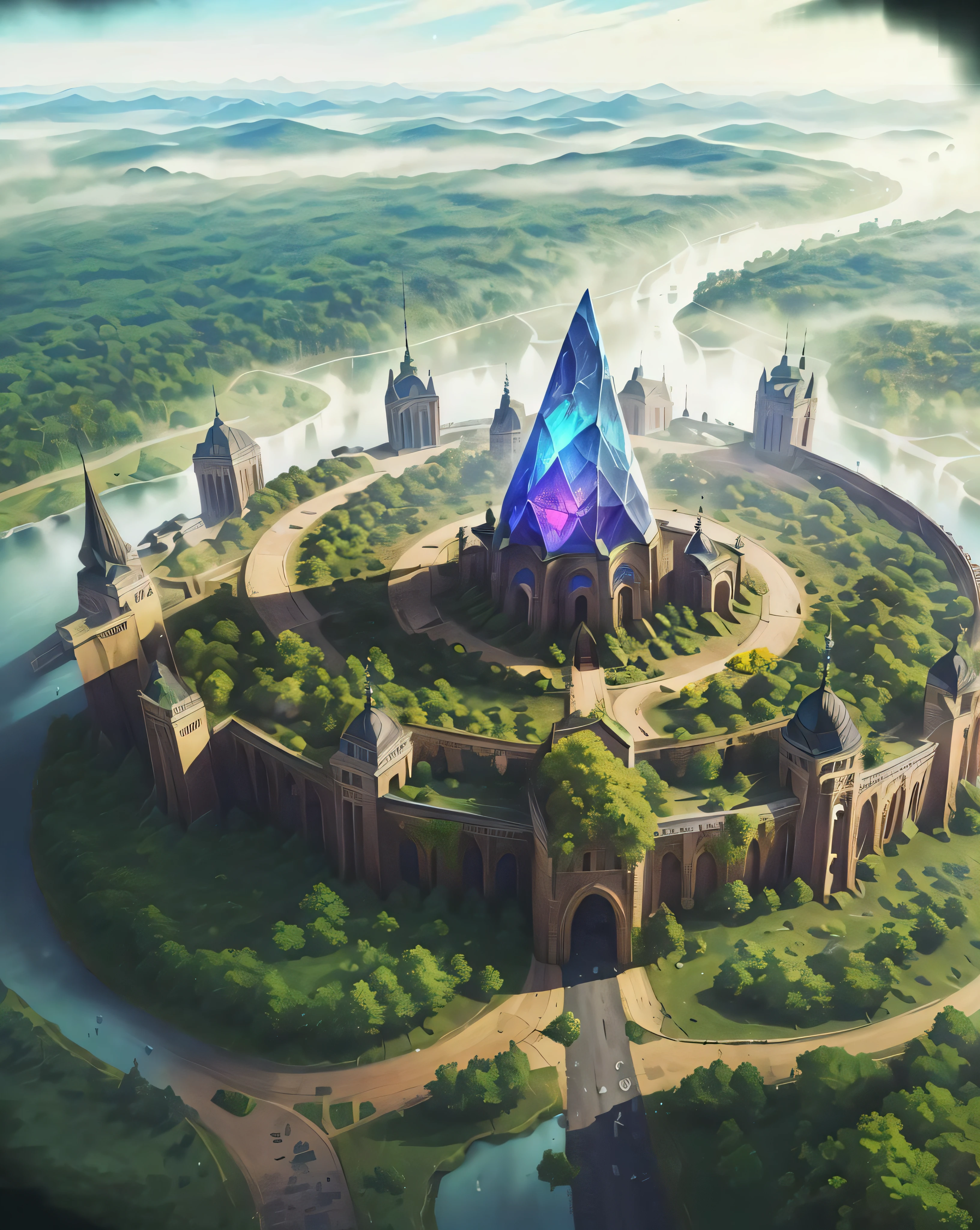 (photo of a big city full of buildings and roads:1.3), in a forest, giant magical crystal in the center of the city, medieval, aerial view, detailed, 8k, high detailed, realistic, hyperrealistic
