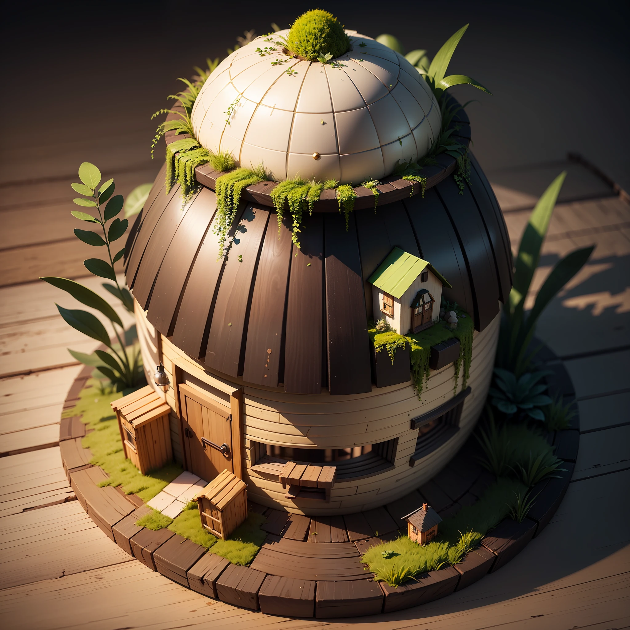 (isometric 3D),(masterpiece), (extremely detailed CG unity 8k wallpaper), (best quality), (best illustration), (best shadow),
a cute ,A round turnip hut covered with moss
,octane render,ray tracing,ultra detailed --auto