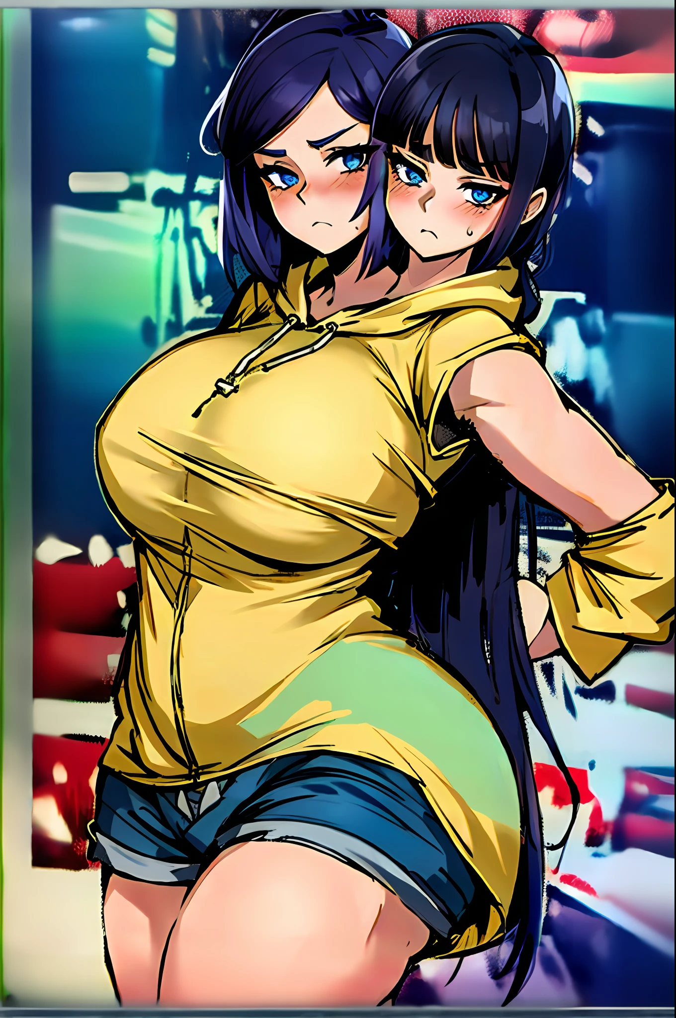 2heads, a very short chubby woman with 2 heads. She has enormous breasts. She is wearing a baggy hoodie and jean shorts. She has a pouty expression. Her breasts are massive. She is blushing. Enormous boobs. Her outfit is colorful. She is very short. Gigantic breasts.