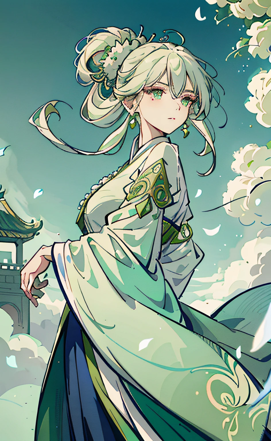 Mature girl, green pupils, green-white hair color, floating hair, delicate and flexible eyes, intricate damask Hanfu, gorgeous accessories, wearing pearl earrings, fov, f/1.8, masterpiece, ancient architecture, blue sky, flower petals flying, front portrait shot, Chang'e, side light, sunlight shining on people, 8K