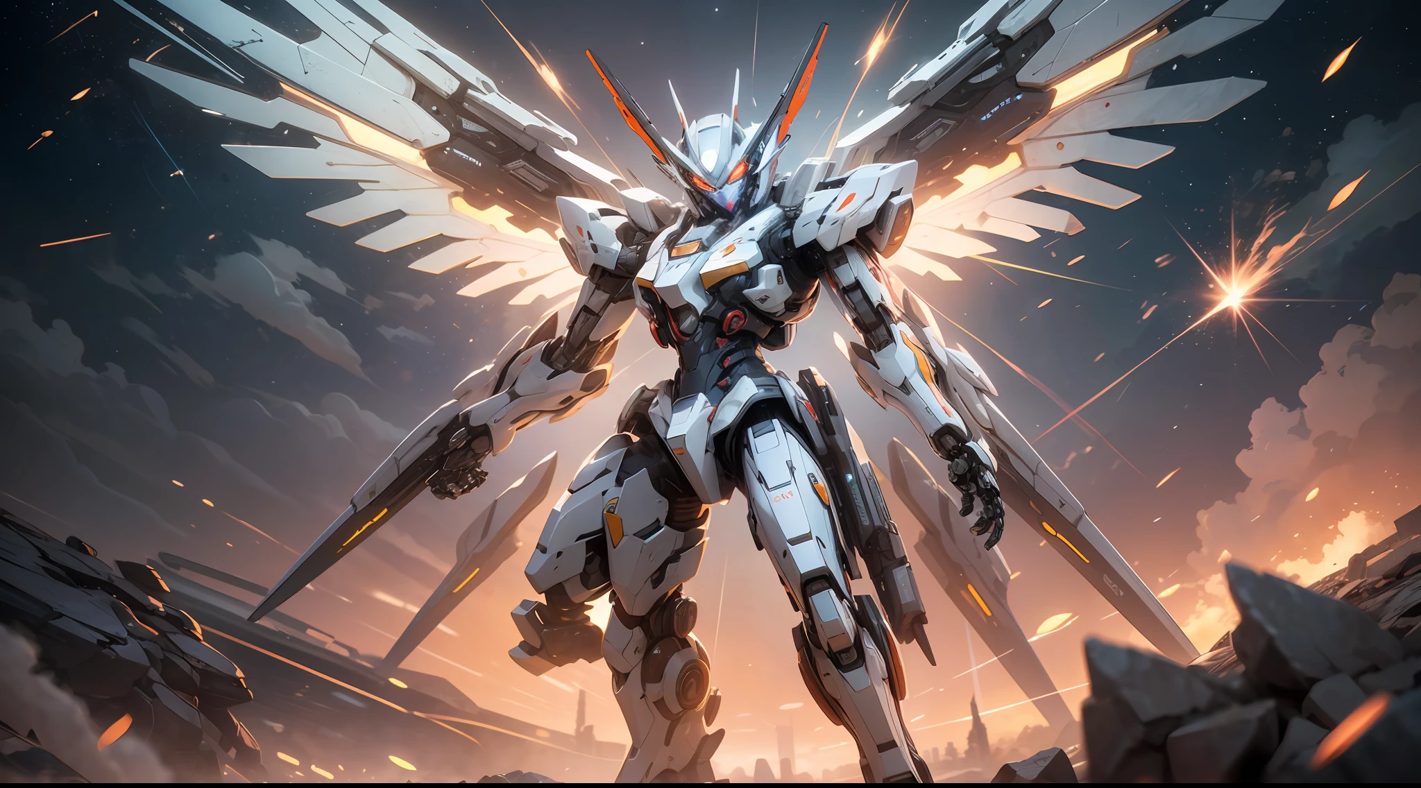 ((Best quality)), ((masterpiece)), (highly detailed:1.3), 3D, beautiful, (cyberpunk:1.2), in space, nebula, holding_weapon, (1Female mecha:1.3), facing the viewer, glowing eyes, full body, (flying, swooping down, dynamic, motion blur: 1.4), (huge mecha wings: 1.6), looking up, glowing_eyes, mecha, panorama, background is earth, nebula, space, particles, reality, HDR (High Dynamic Range), Ray Tracing, NVIDIA RTX, Super Resolution, Unreal 5, Subsurface Scattering, PBR Texturing, Post Processing, Anisotropic Filtering, Depth of Field, Maximum Clarity and Clarity, Multilayer Textures, Albedo and Specular map, Surface shading, accurate simulation of light-material interaction, perfect proportion, Octane Render, two-tone lighting, large aperture, low ISO, white balance, rule of thirds, 8K RAW, efficient sub-pixel, sub-pixel convolution,
