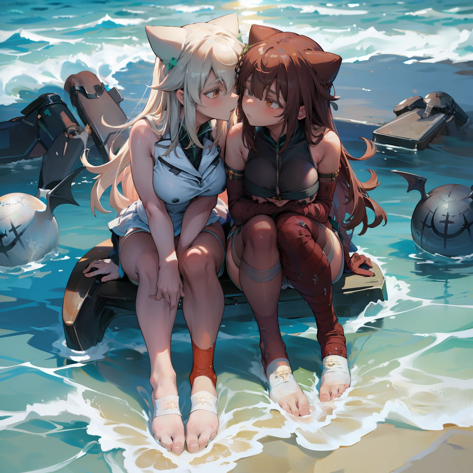 Two girls kiss affectionately on the beach, while the water gently washes around her feet. The bright sun accentuates her big breasts, long hair and their blissful faces. bare feet, in miniskirts and knee-high stockings,katzen ohren,a girl tied up and helpless,detaliert,halbnackt