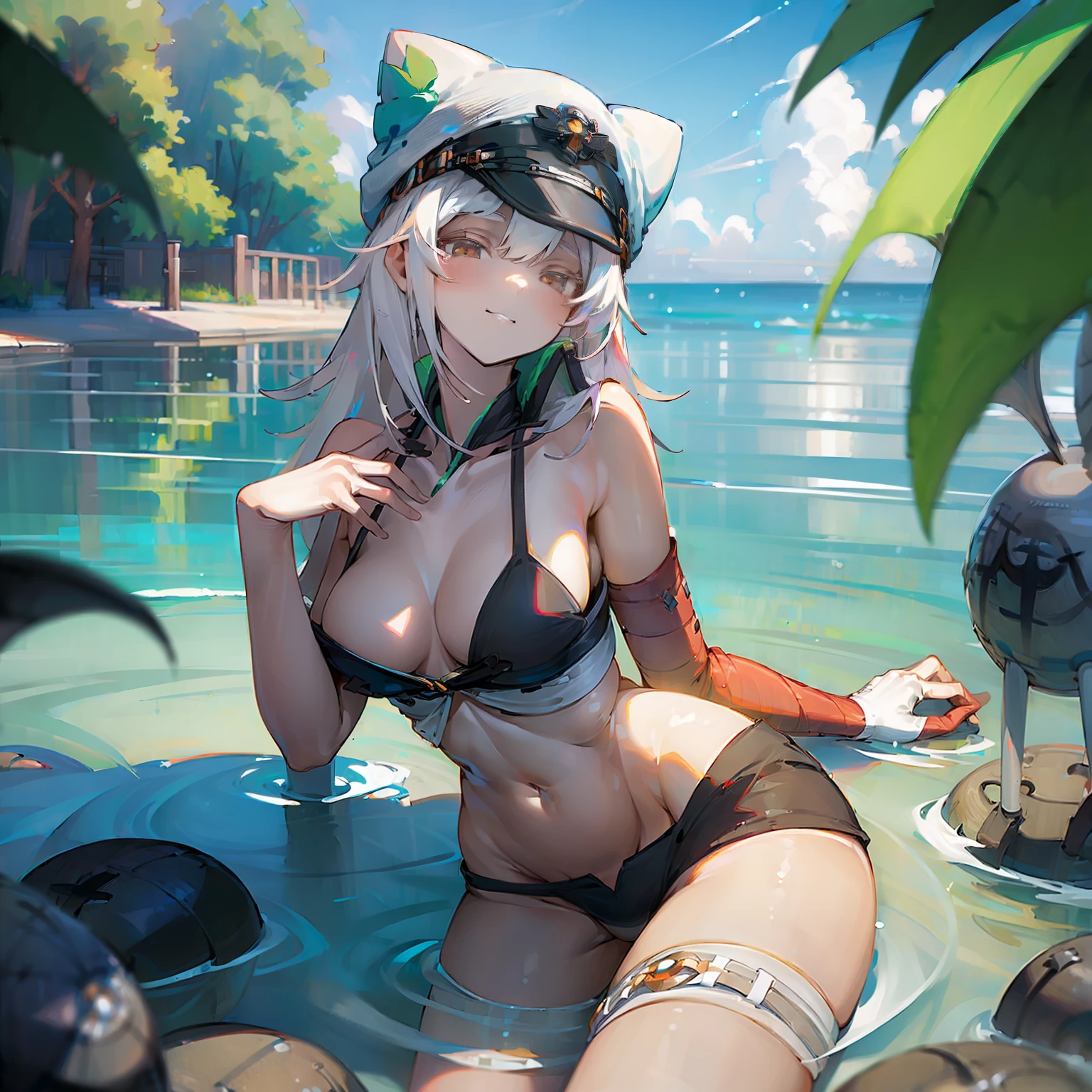 (best quality:2.0),happy,White hair,detailliert,the clear waters of a beautiful view on the beach,beautiful thighs and breasts,beautiful curves,Bikini,reflektierender Mond im Wasser in einer mondlosen Nacht,Hut,nachts,dunkel,teasing,peeves,sexuelle lust,halb nackt