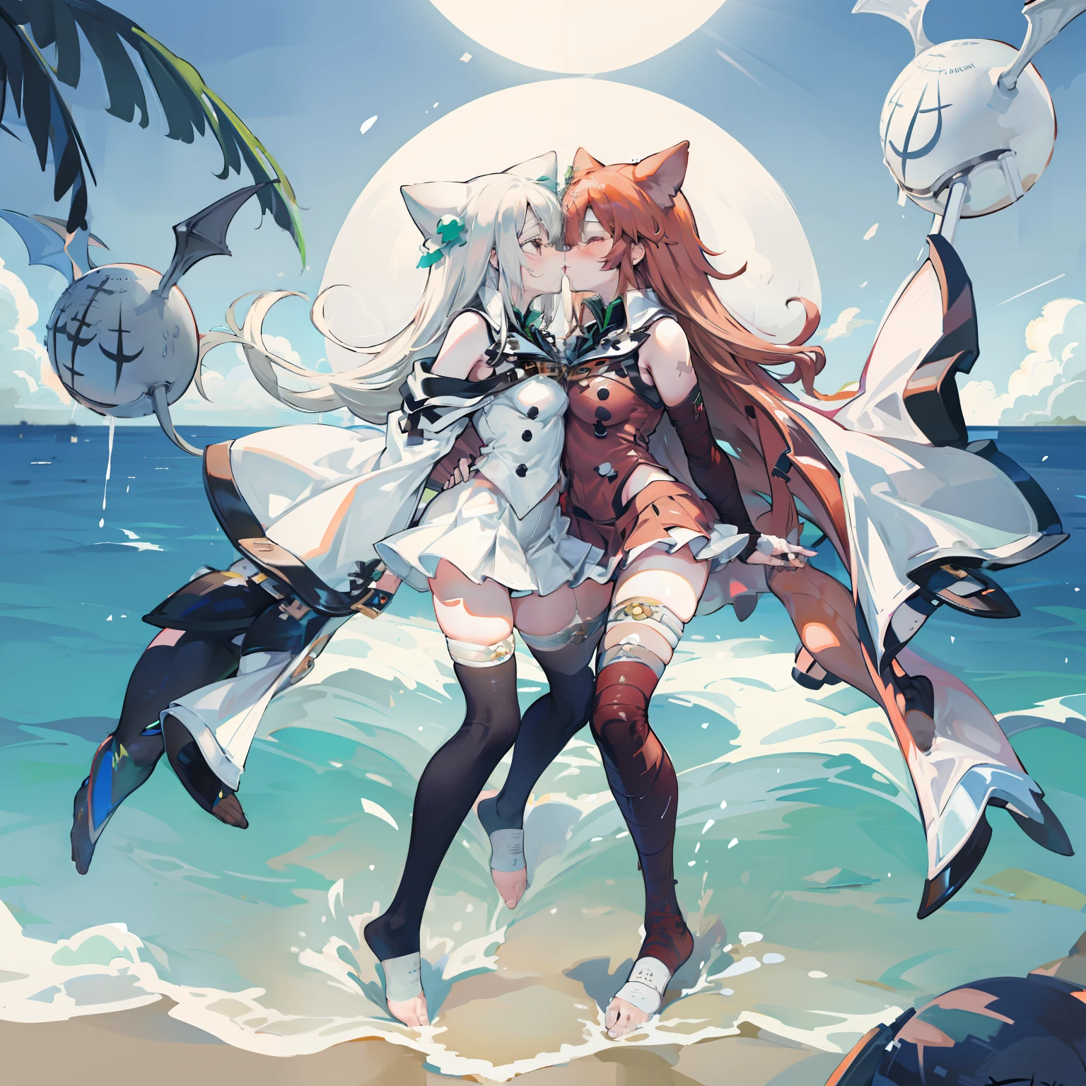 Two girls kiss affectionately on the beach, while the water gently washes around her feet. The bright sun accentuates her big breasts, long hair and their blissful faces. bare feet, in miniskirts and knee-high stockings,katzen ohren,a girl tied up and helpless,detaliert,halbnackt