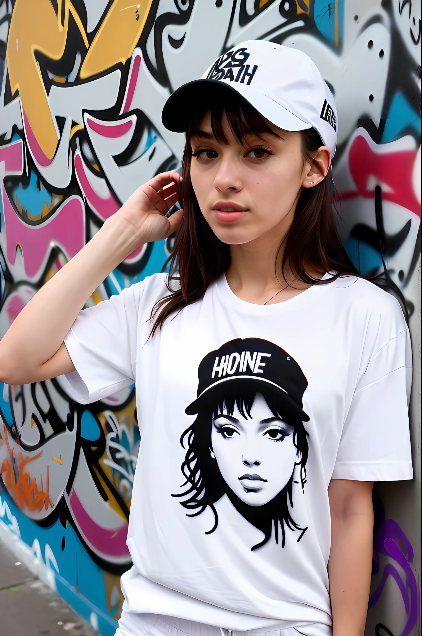 (masterpiece), (best quality:1.4), absurdres, [:intricate details:0.2], (beautiful detailed face:1.4), (full length tee-shirt), round neck plain Tee-shirt, long wavy hair, (white t-shirt), oversized jogger pants, Lean against the wall, (backstreet), (graffiti on the wall:1.2), (hiphop), (ball cap:1.2), black hair's, European young girl