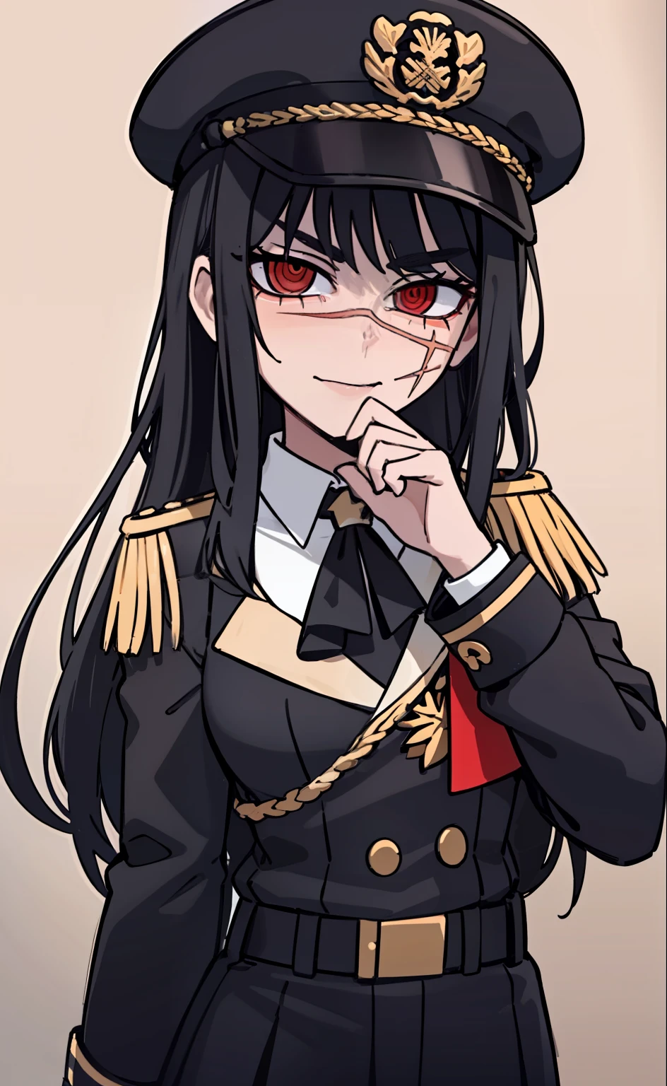 (masterpiece, best quality: 1.2), Solo, 1girl, Yoru \(Chainsaw Man\), looking at the viewer, different poses, red eye, long hair, completely black hair, reference to clothing of a German WWII general, black long sleeves (best quality), scar on face, beautiful eyes, has only 2 arms, has war medals on his clothes, Black Military Cap, Golden Eagle Medal on Clothing, (Wallpaper), (8K HD), (8K HD), Golden Shoulder Pads, Sprites, 1 Single Design (obra maestra, mejor calidad: 1.2), Solo, 1girl, Yoru \(Chainsaw Man\), mirando al espectador, sonrisa, feliz, diferentes poses, ojo rojos, cabello largo, cabello completamente negro, reference to clothing of a German general from World War II, mangas largas negras (mejor calidad), cicatriz en la cara, hermosos ojos, tiene solo 2 brazos, manos bien hechas, tiene medallas de guerra en su ropa, Gorra militar negra, Golden Eagle Medal in Dress, (fondo de pantalla), (8K HD), (8K HD), hombreras doradas, sprites, 1 single design