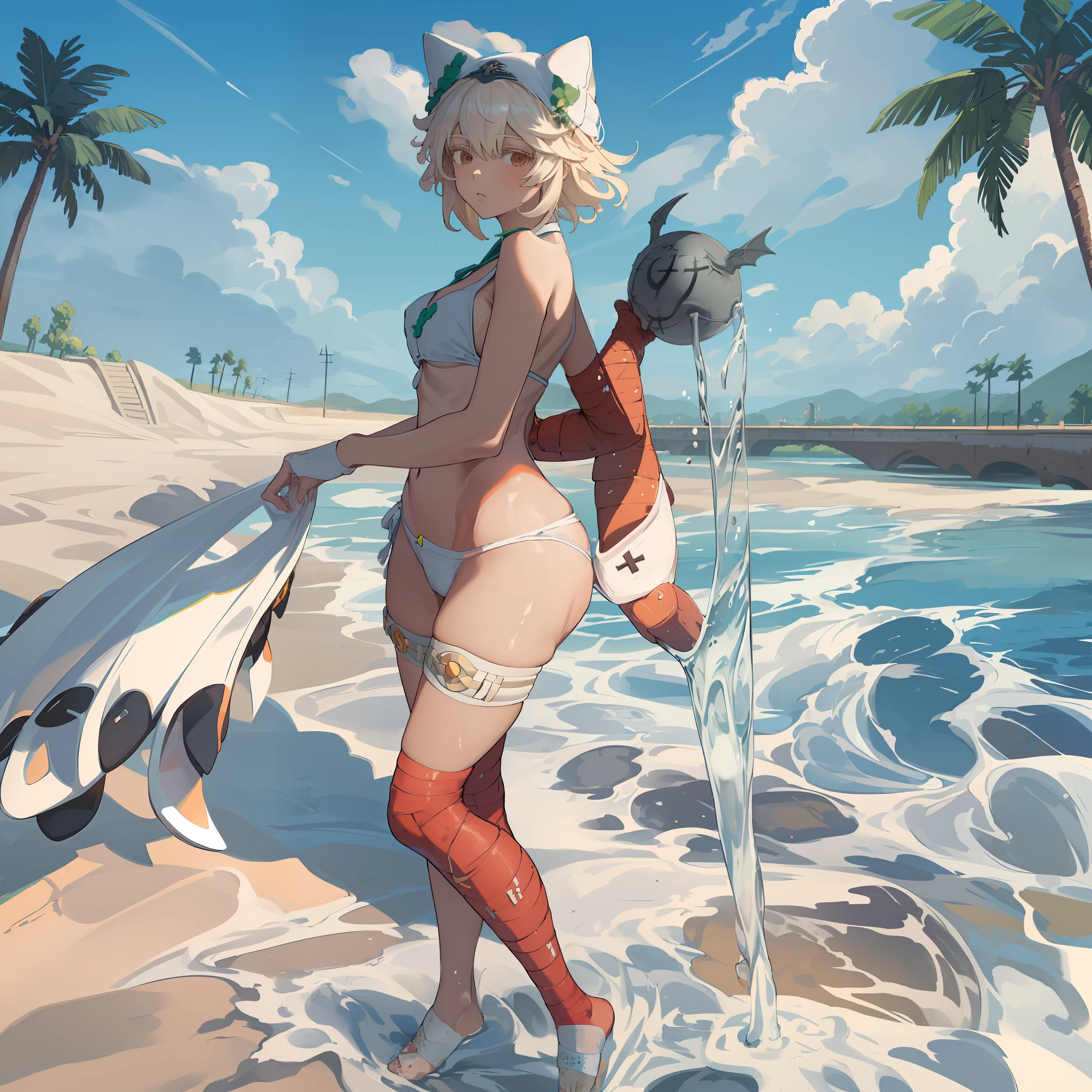(High quality, Strandtag),(Strandurlaub, Strandhaus, happy, frech, sinnlich, Brust betonen, beautiful legs, Kurven),(Wasser, Wellen, beautiful view, Sommerhitze, Bikini:1.5), (Sand, Sonnenschirm, Holiday atmosphere, Palmen, Entspannung)