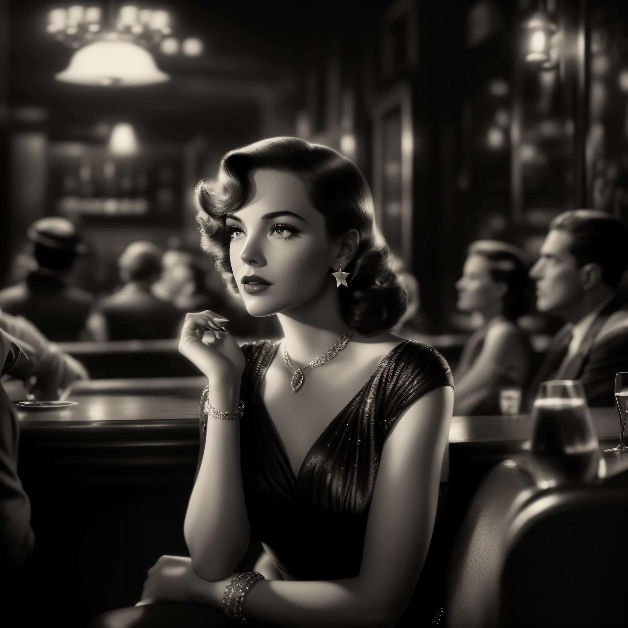 Uma imagem de uma cativante estrela do filme noir, envolta em um vestido elegante, sitting in a dimly lit bar reminiscent of classic Hollywood movies. The black-and-white image exudes the timeless allure of 1940s cinema, with its dramatic lighting and aura of vintage glamour.